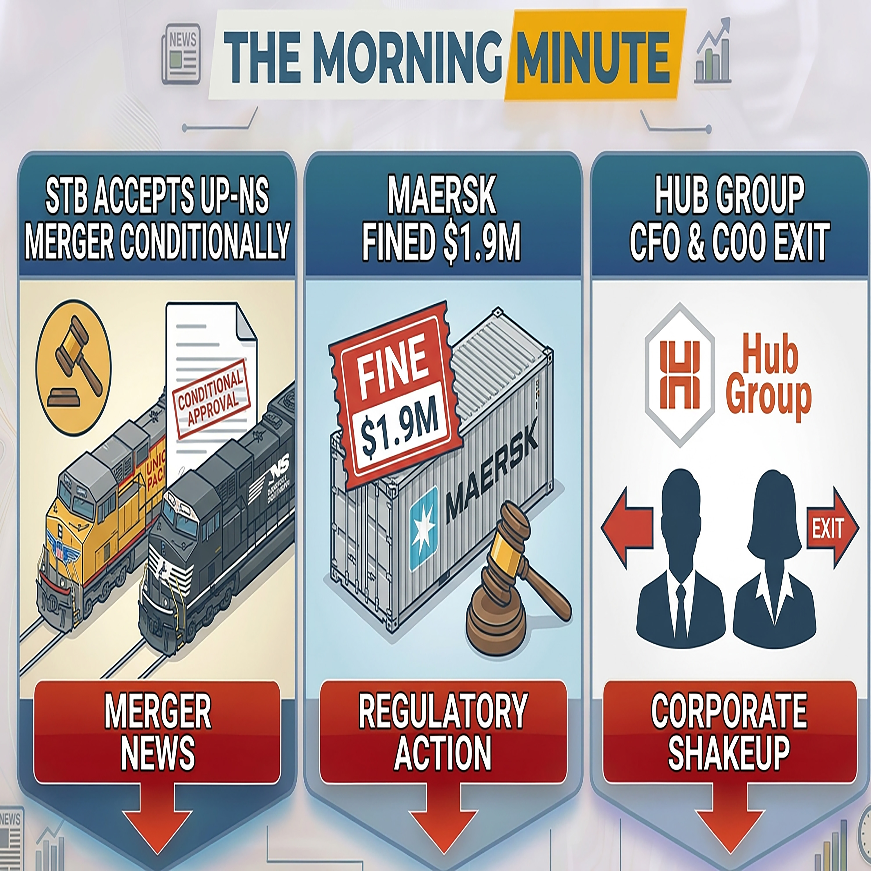 STB Accepts UP-NS Merger Conditionally, Maersk Fined $1.9M, & Hub Group CFO and COO Exit | The Morning Minute