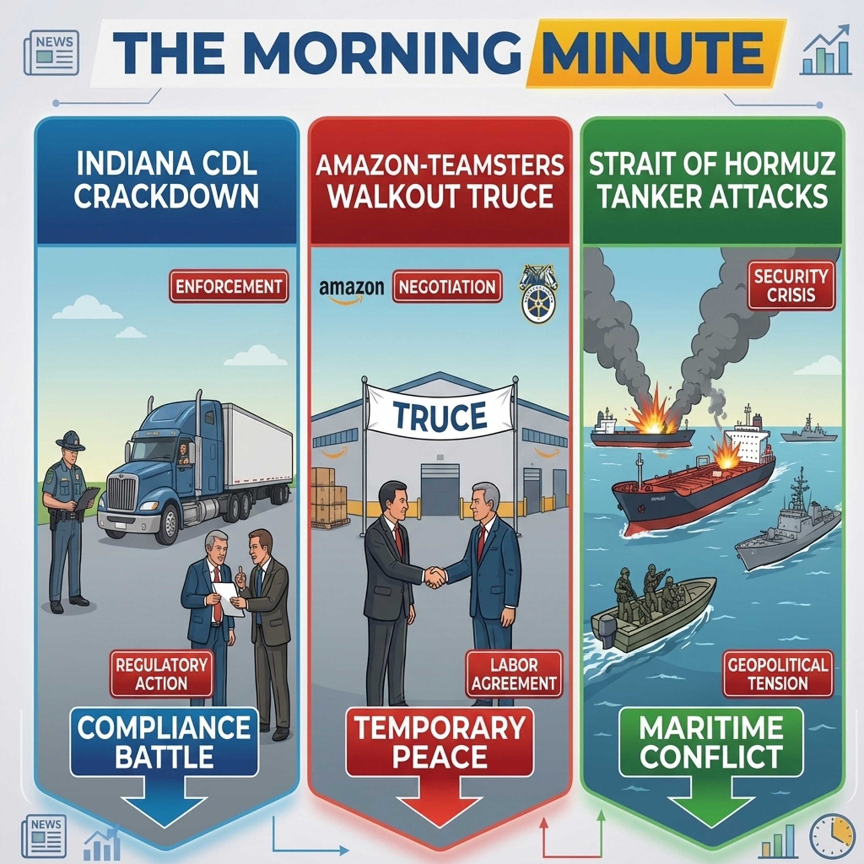Indiana CDL Crackdown, Amazon-Teamsters Walkout Truce, and Strait of Hormuz Tanker Attacks | The Morning Minute