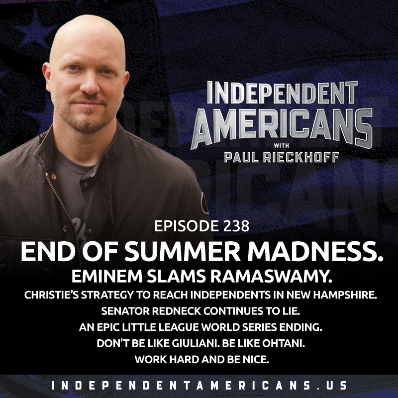 End of Summer Madness. Eminem Slams Ramaswamy. Christie’s Strategy To Reach Independents in New Hampshire. Senator Redneck Continues to Lie. An Epic Little League World Series Ending. Don’t be like Giuliani. Be like Ohtani. Work Hard and Be Nice.