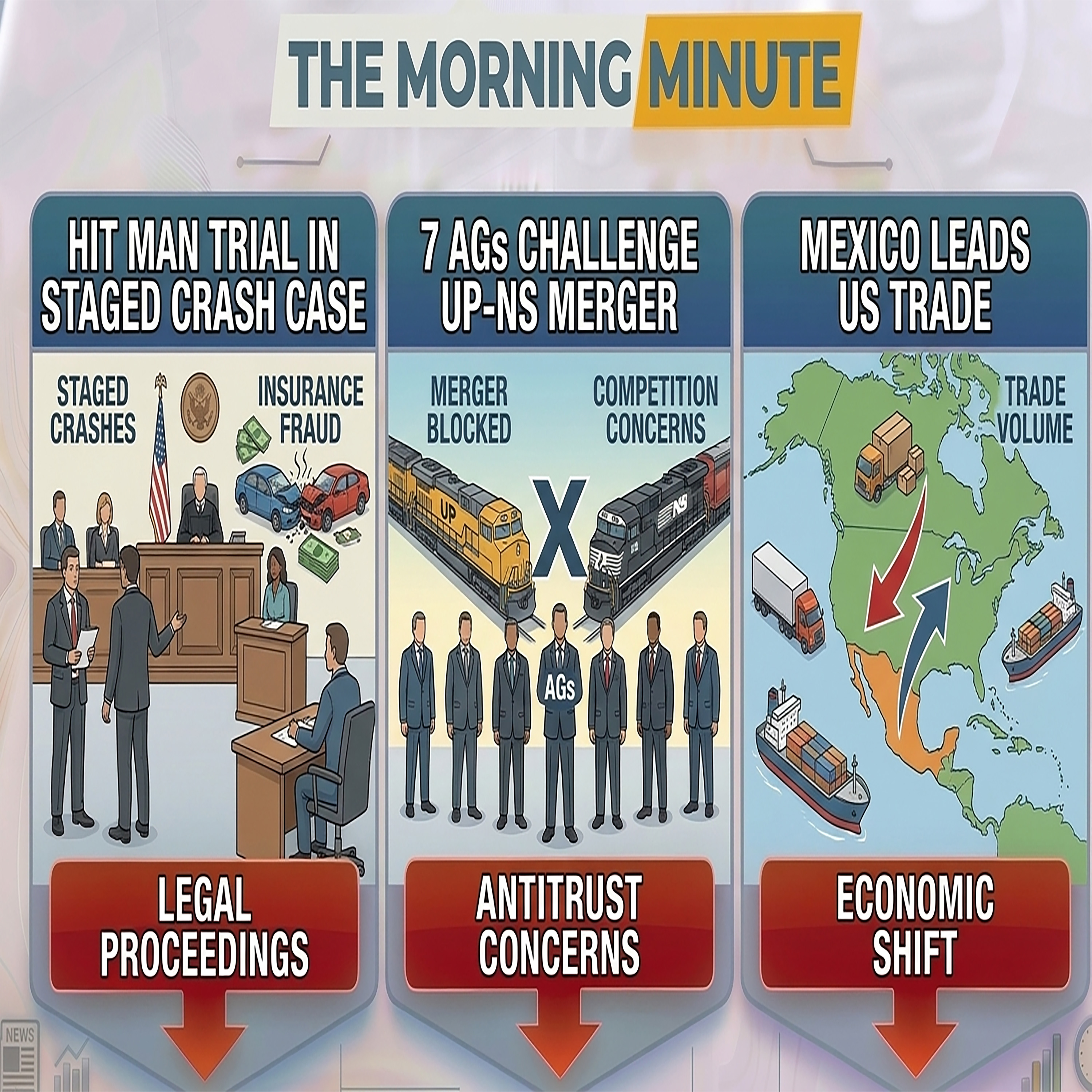 Hit Man Trial in Staged Crash Case, 7 AGs Challenge UP-NS Merger, & Mexico Leads US Trade | The Morning Minute