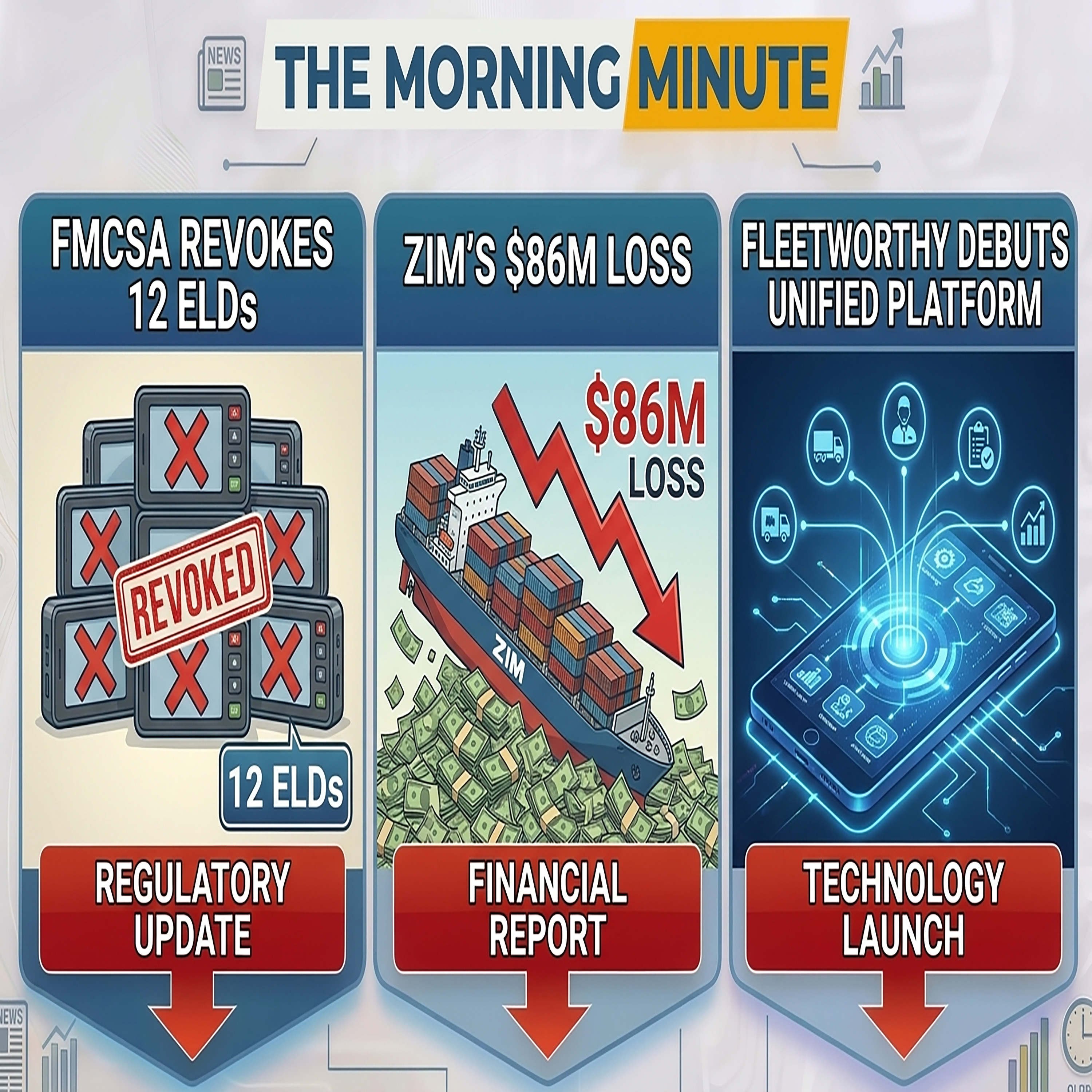 FMCSA Revokes 12 ELDs, Zim's $86M Loss, & Fleetworthy Debuts Unified Platform | The Morning Minute episode artwork