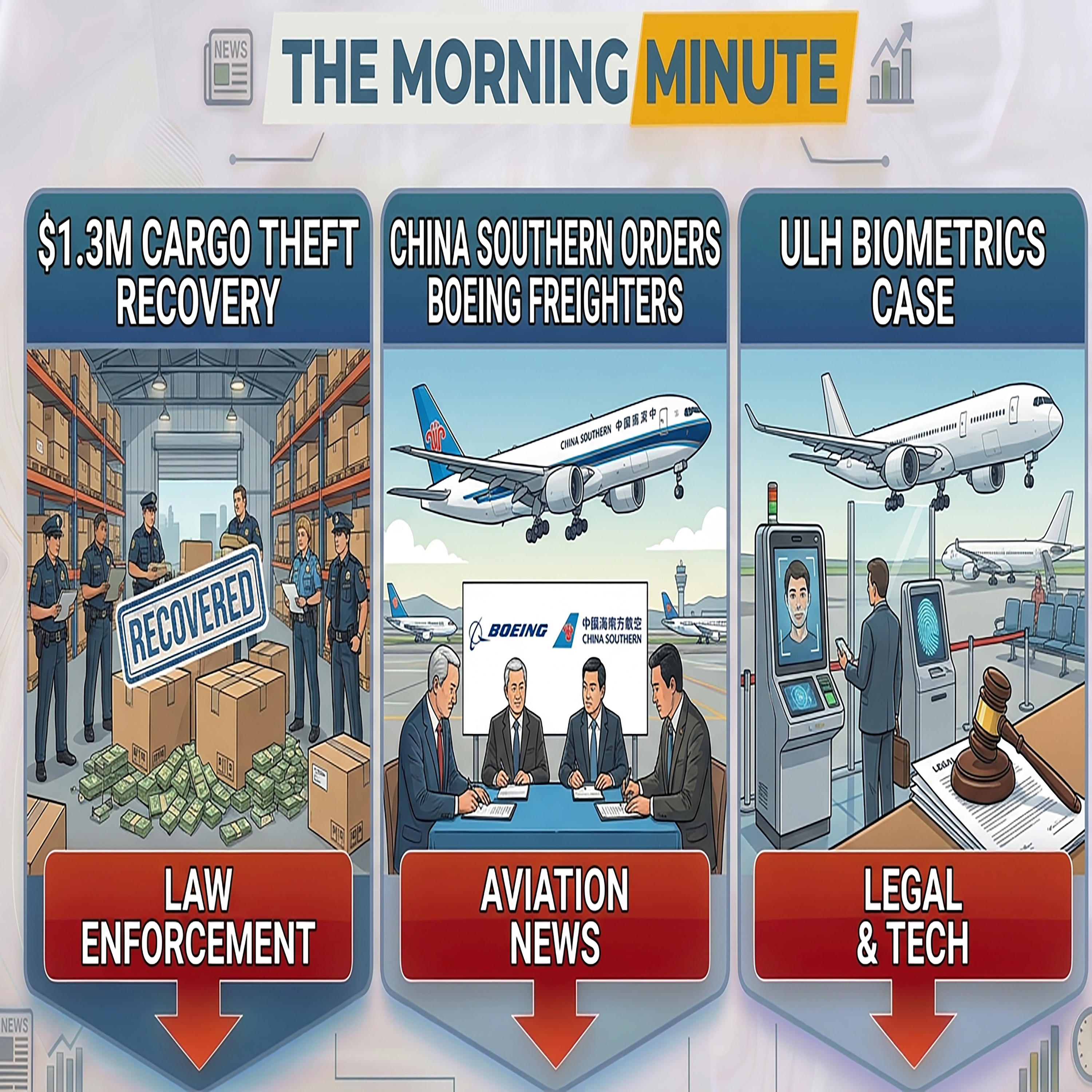 $1.3M Cargo Theft Recovery, China Southern Orders Boeing Freighters, & ULH Biometrics Case | The Morning Minute episode artwork