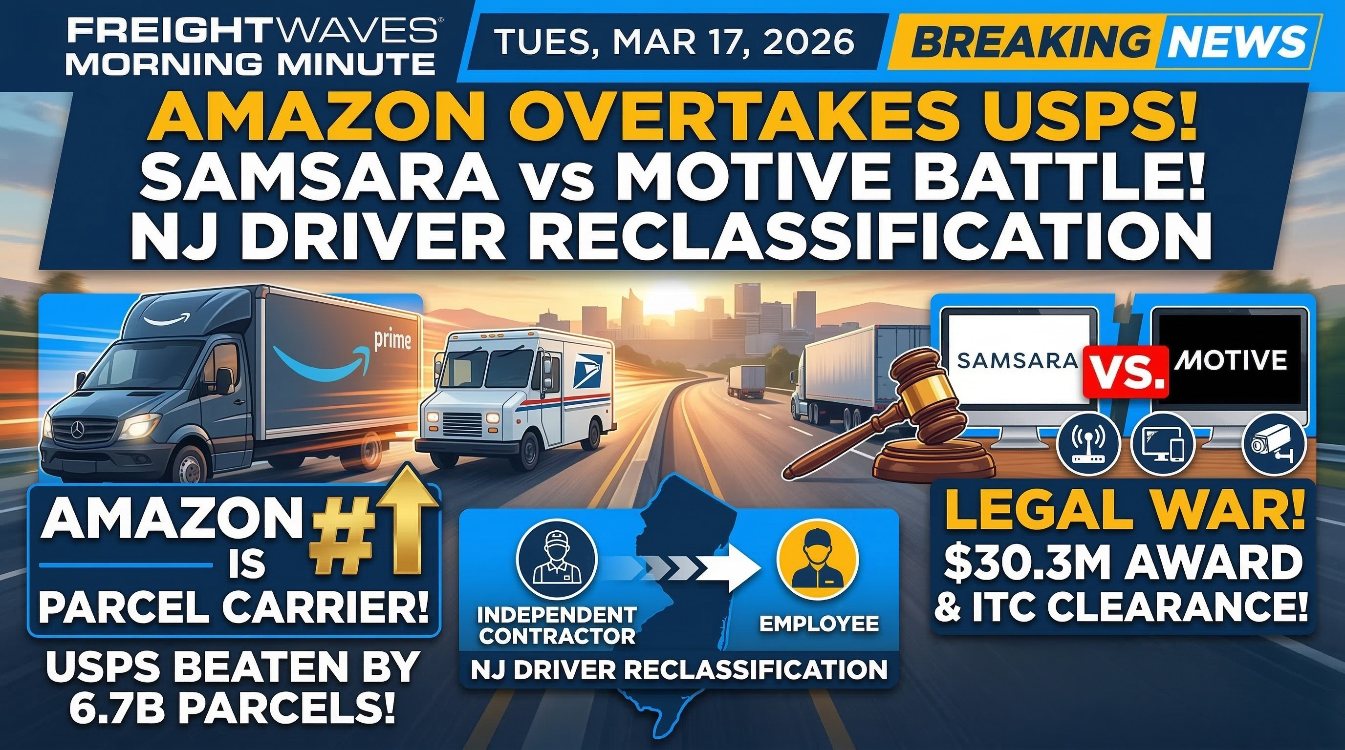 Amazon Overtakes USPS, Samsara vs. Motive Lawsuit, & NJ Driver Reclassification | The Morning Minute
