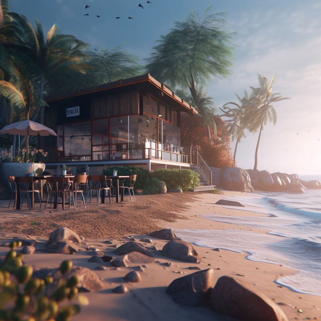 Coffee Shop on the Beach with Soothing Waves Lapping on Shore