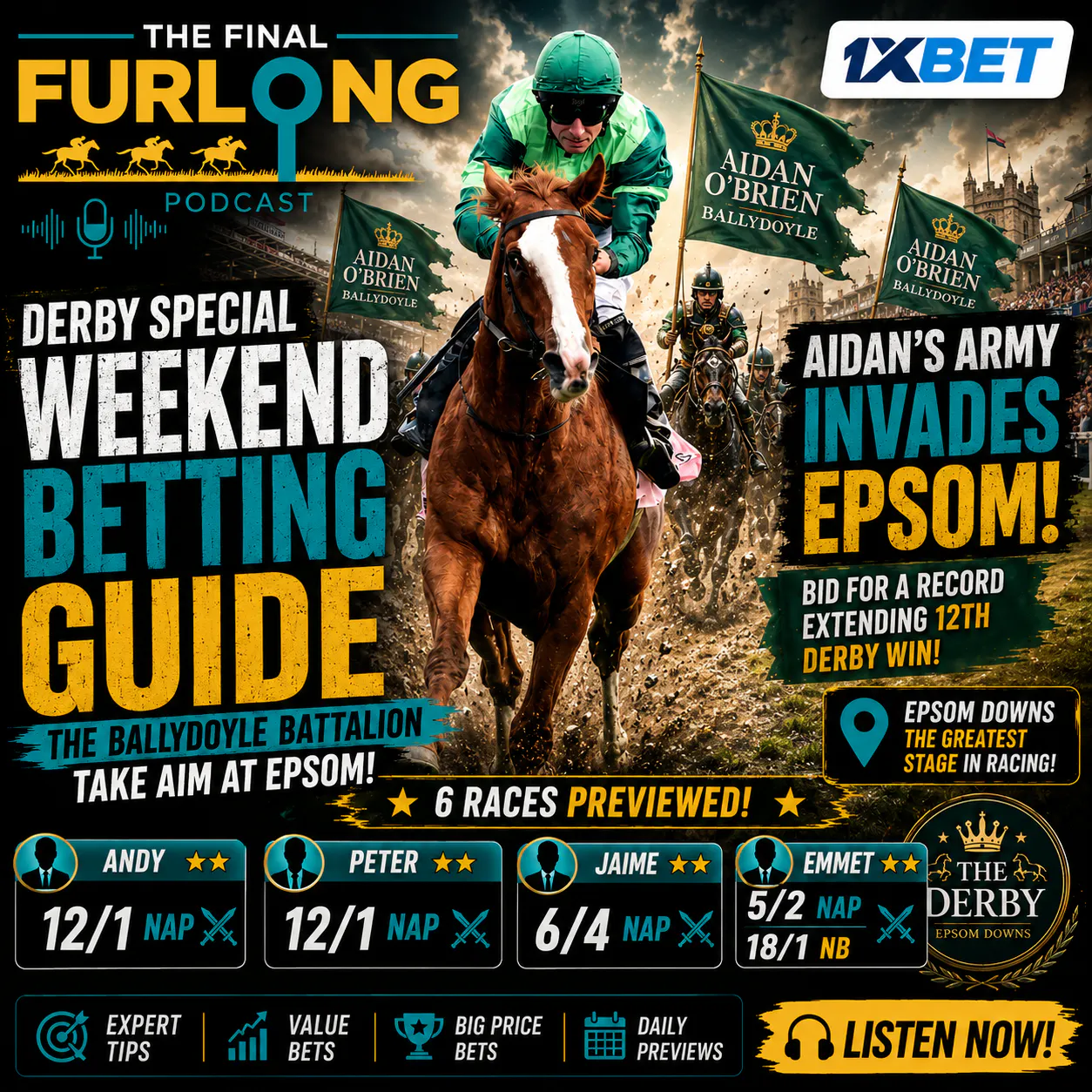 Derby Day Betting Guide: Aidan's Army Invades Epsom | 12/1,10/1, 5/2 & 6/4 NAPs & Plus an 18/1 Bet! episode artwork