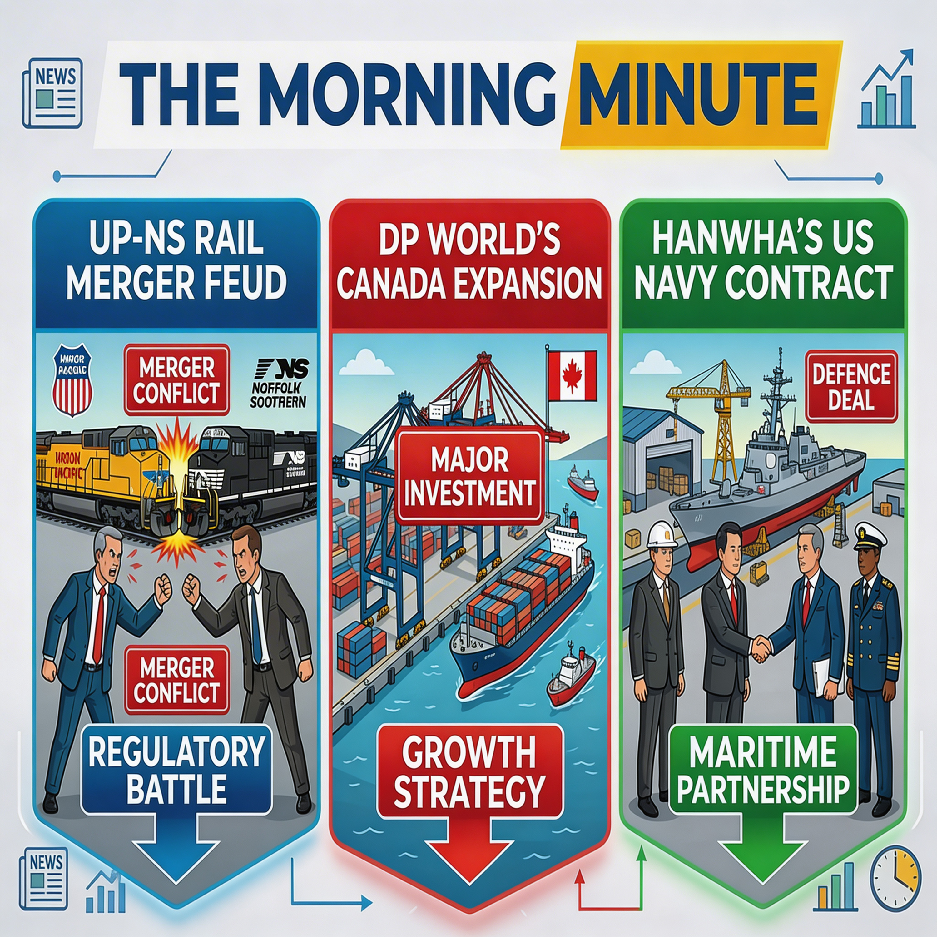 UP-NS Rail Merger Feud, DP World's Canada Expansion, & Hanwha's US Navy Contract | The Morning Minute