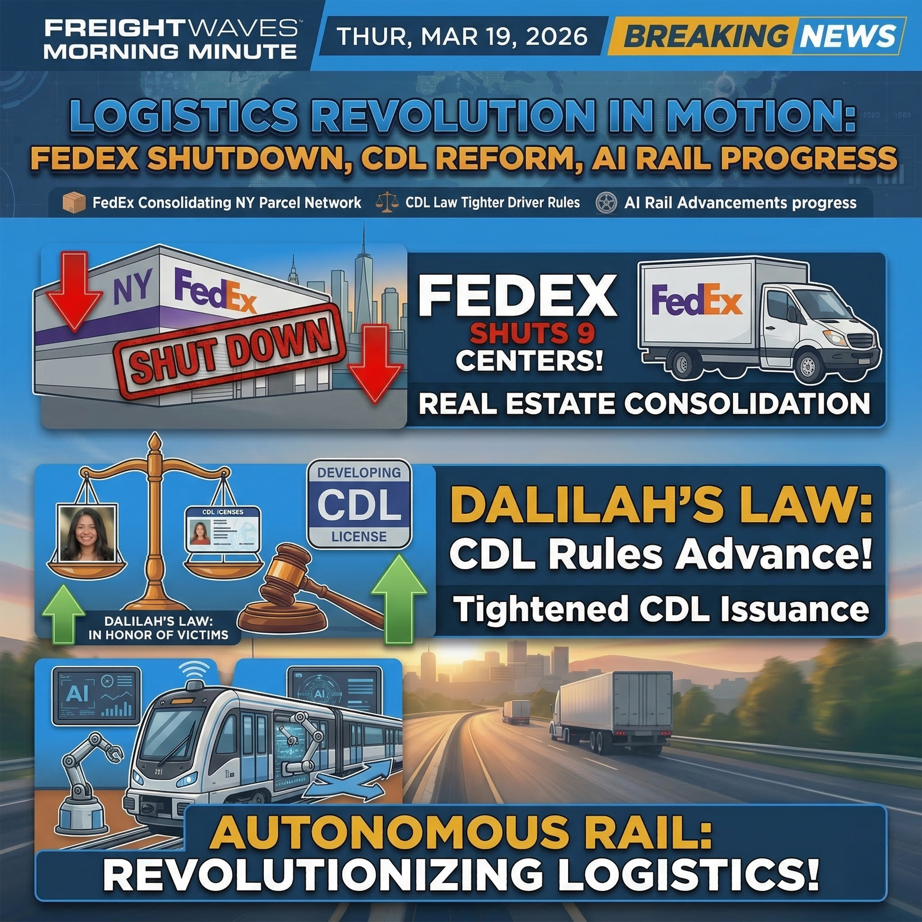 FedEx Shuts NY Parcel Centers, Dalilah’s Law CDL Rules Advance, and Autonomous Rail | The Morning Minute episode artwork