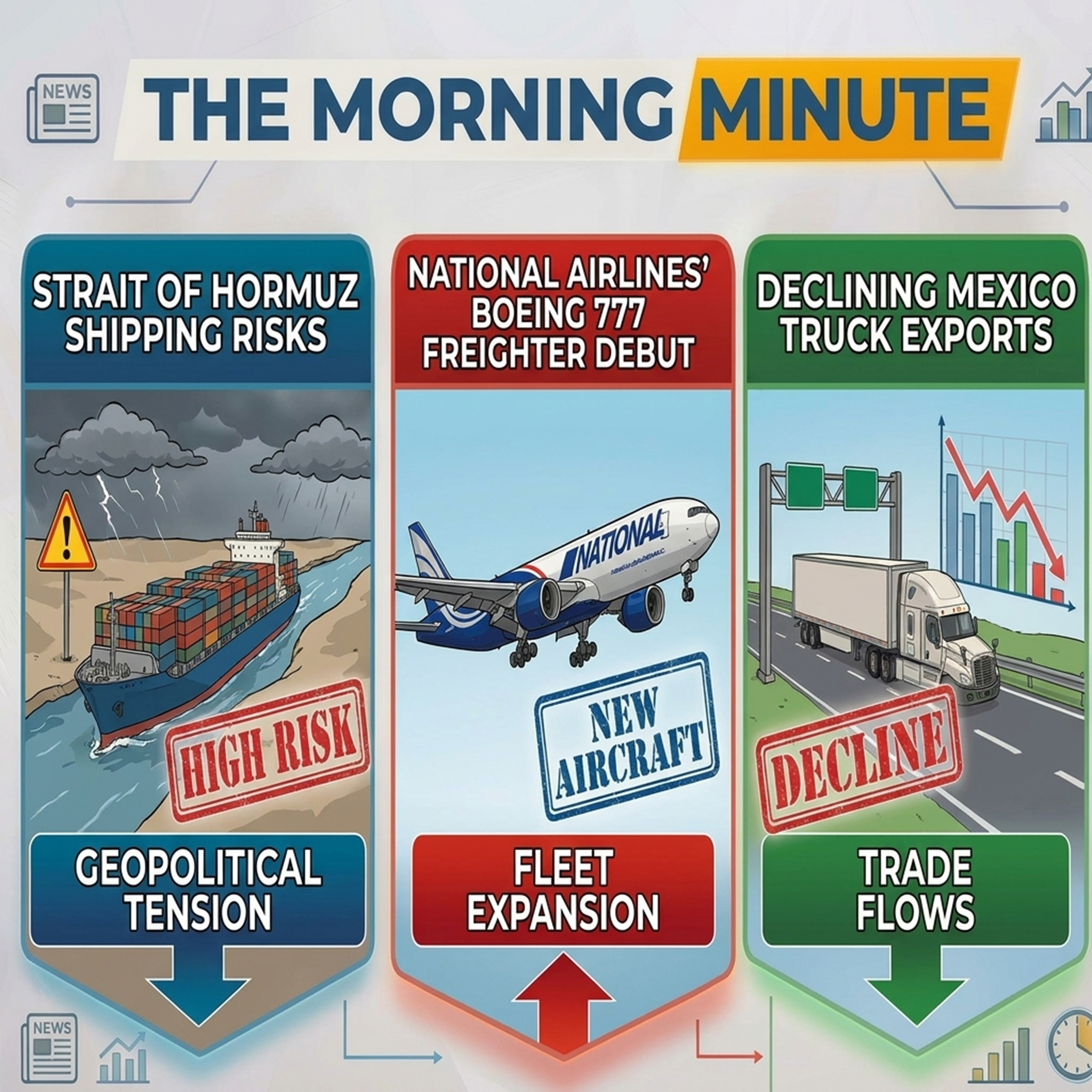 Strait of Hormuz Shipping Risks, National Airlines' Boeing 777 Freighter Debut, and Declining Mexico Truck Exports | The Morning Minute