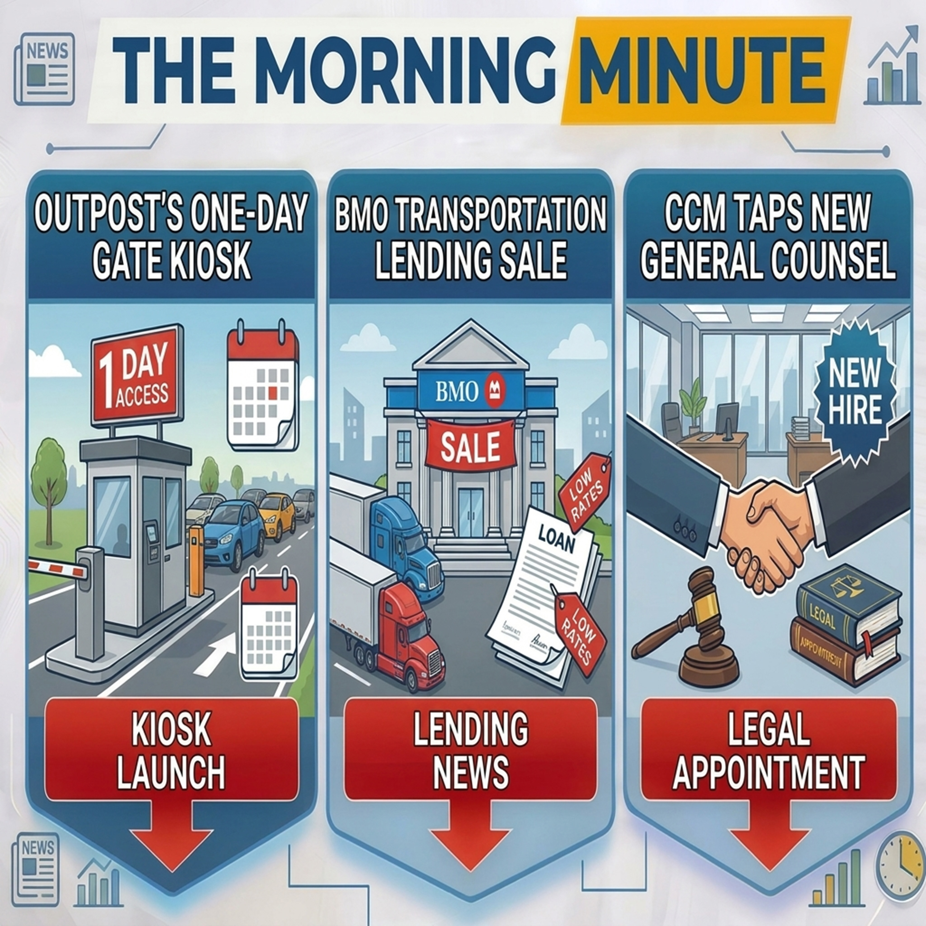 Outpost's One-Day Gate Kiosk, BMO Transportation Lending Sale, & CCM Taps New General Counsel | The Morning Minute episode artwork