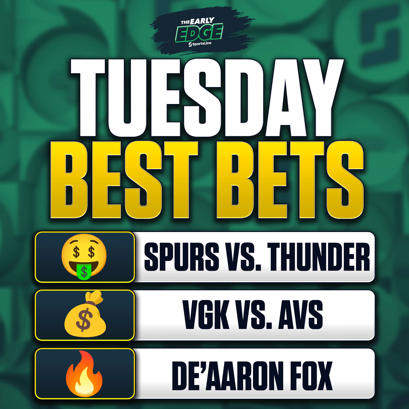 Tuesday's BEST BETS: Spurs vs. Thunder Picks + Golden Knights vs. Avs + MLB