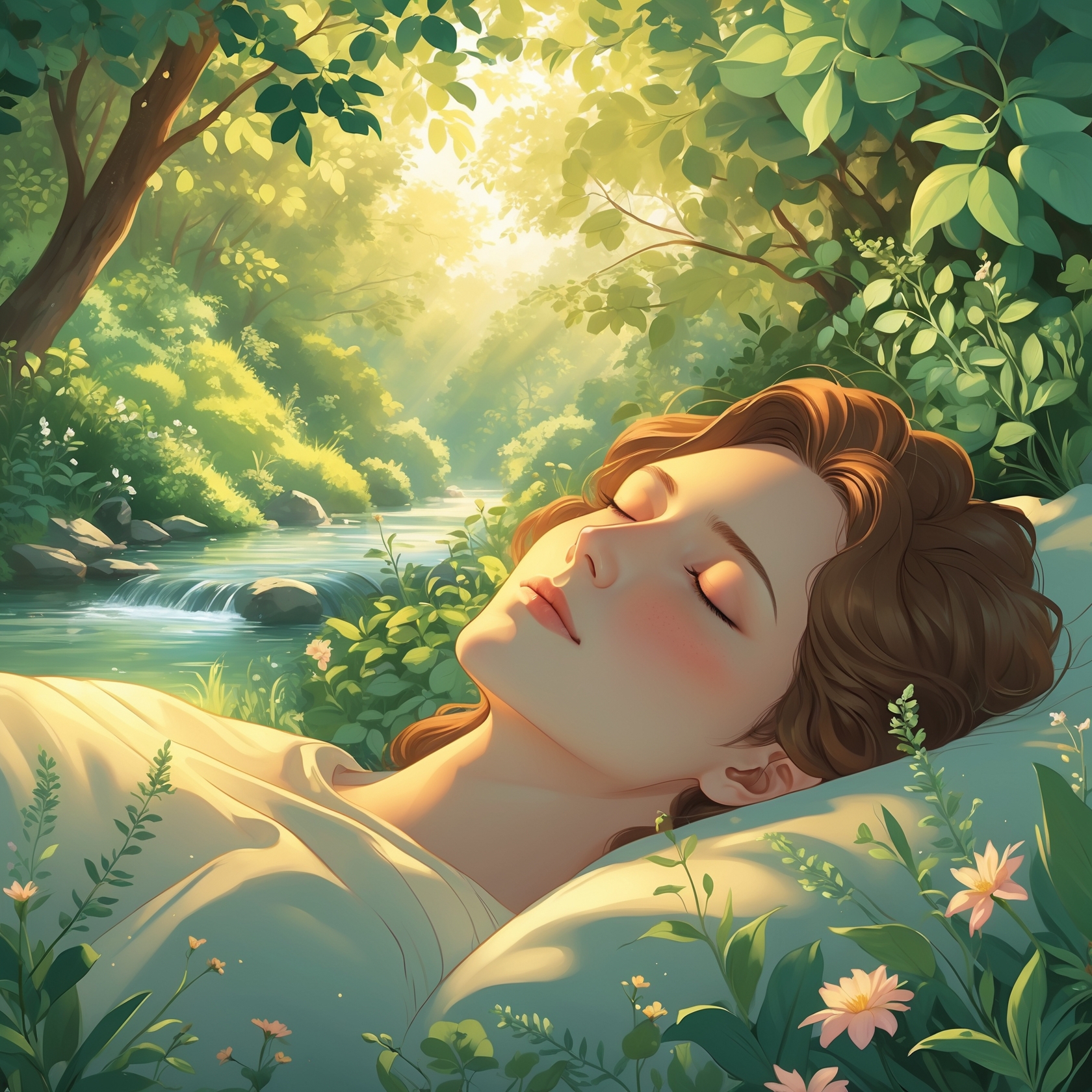 Tranquil Sleep with Serene River Sounds and Relaxing Water Stream Surrounded by Lush Plants and Tree