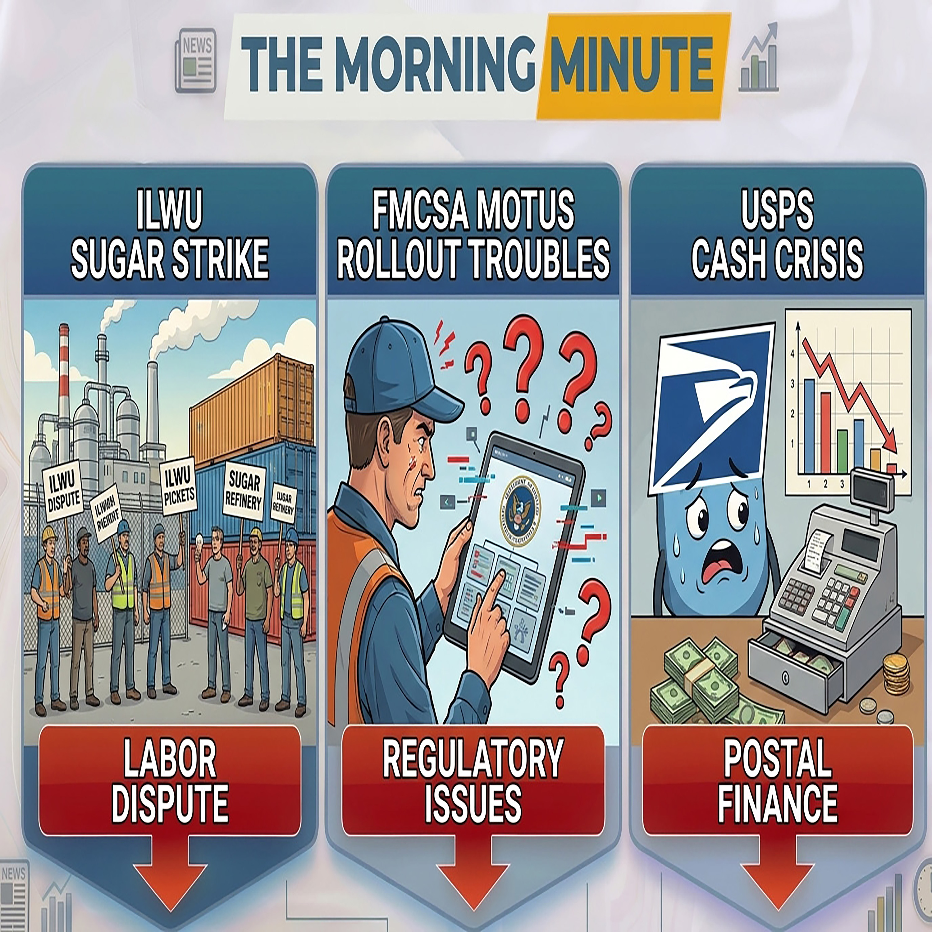 ILWU Sugar Strike, FMCSA Motus Rollout Troubles, & USPS Cash Crisis | The Morning Minute episode artwork
