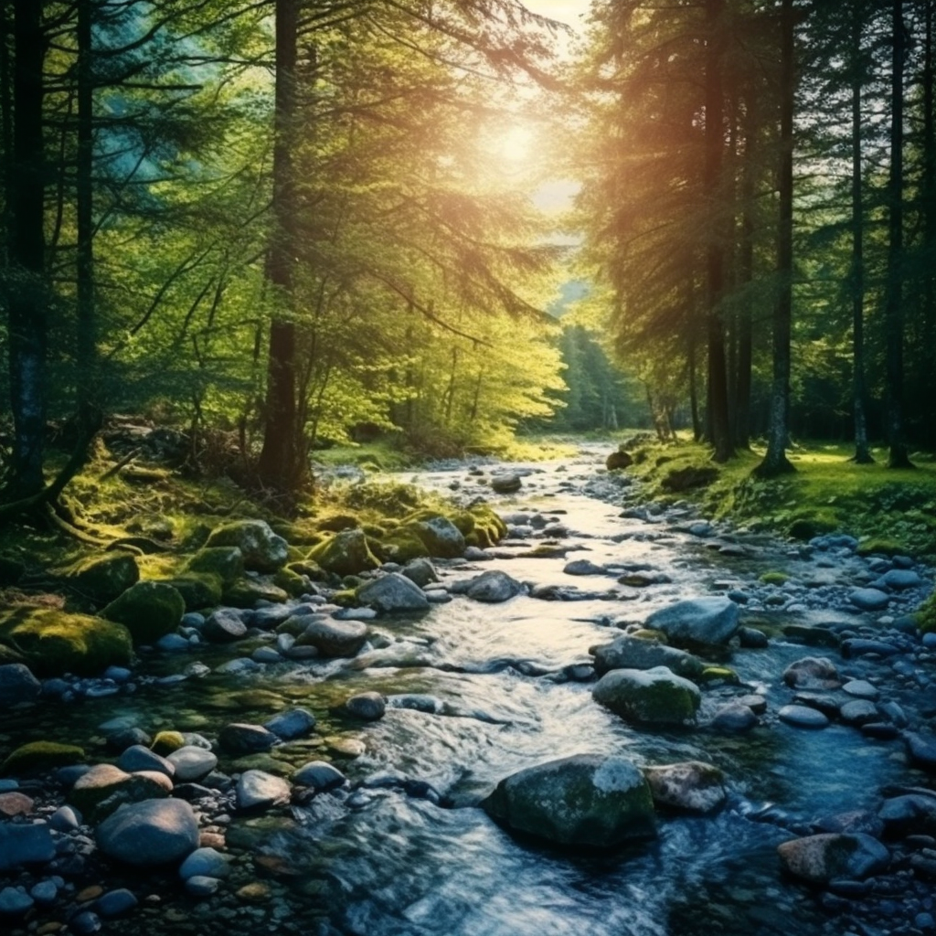 Forest River flowing in Early Morning . Relaxing River Sounds, White Noise for Sleep, Meditation.