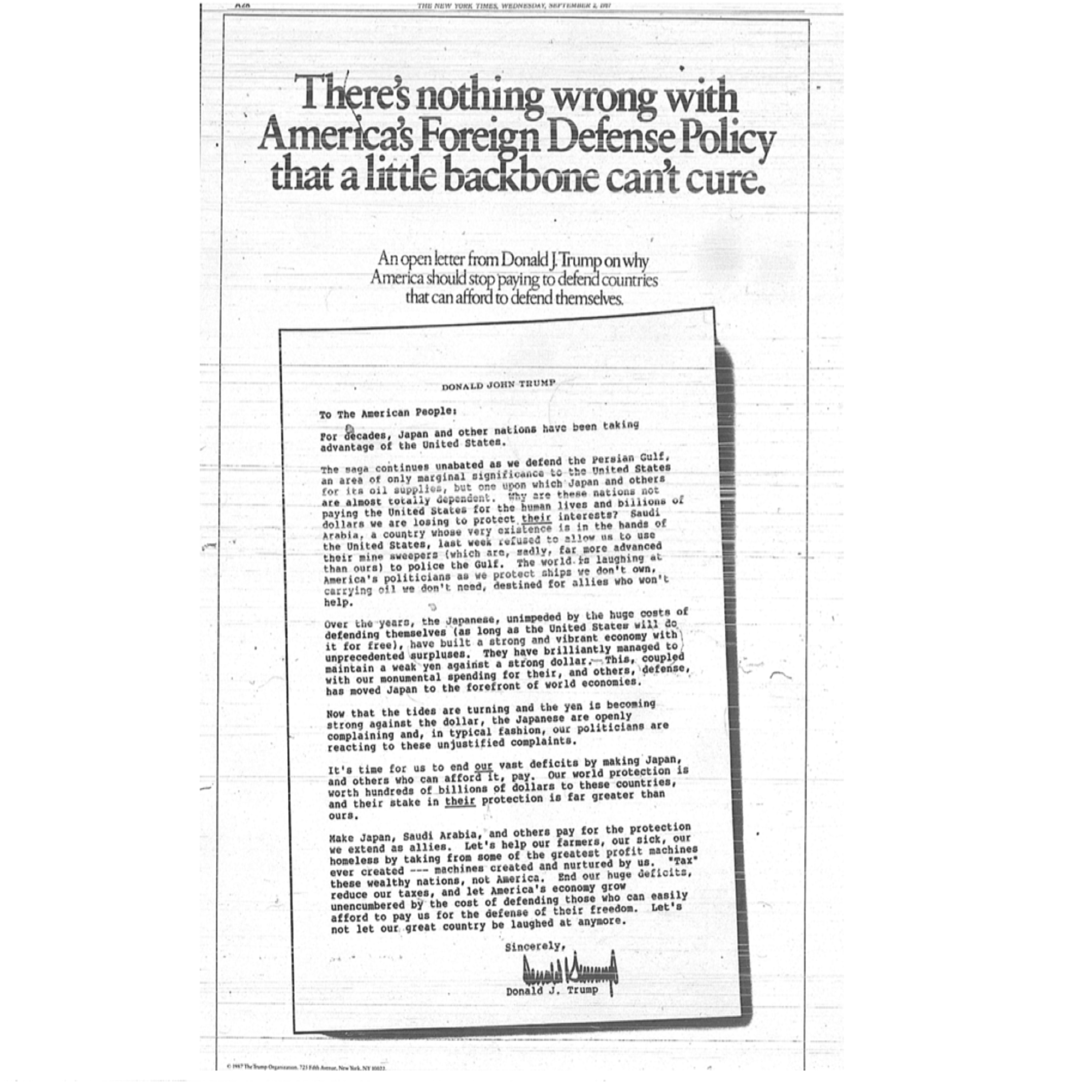 DONALD TRUMP'S 1987 NEW YORK TIMES AD Attacking Oil Ship Escorts and More