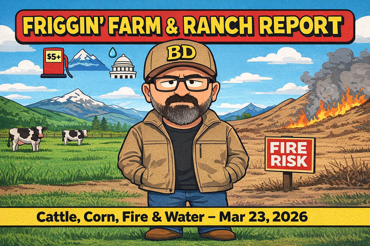 Friggin’ Farm & Ranch Report – Cattle on Feed, Corn, Fire & Policy Moves (March 23, 2026)