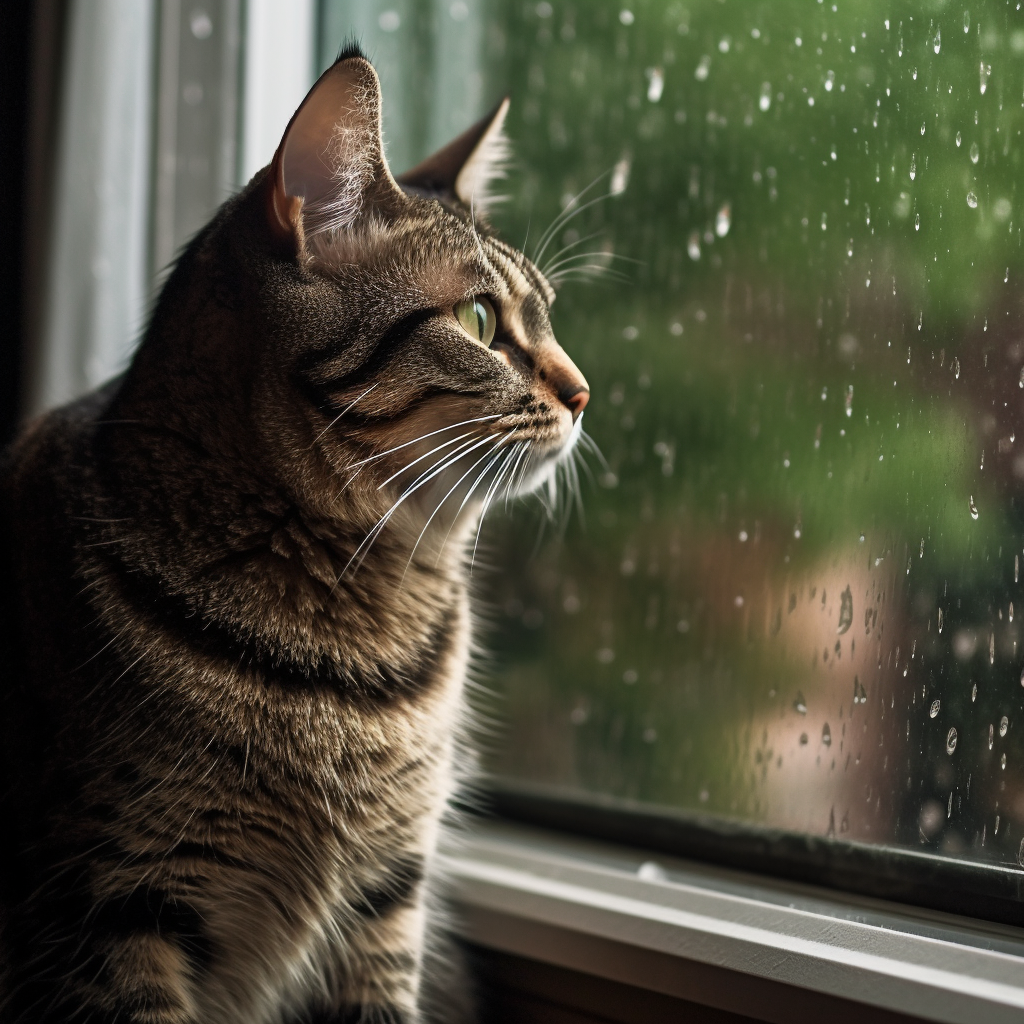 Cat purring sound with light rain outside the window. Comforting sounds for relaxation.