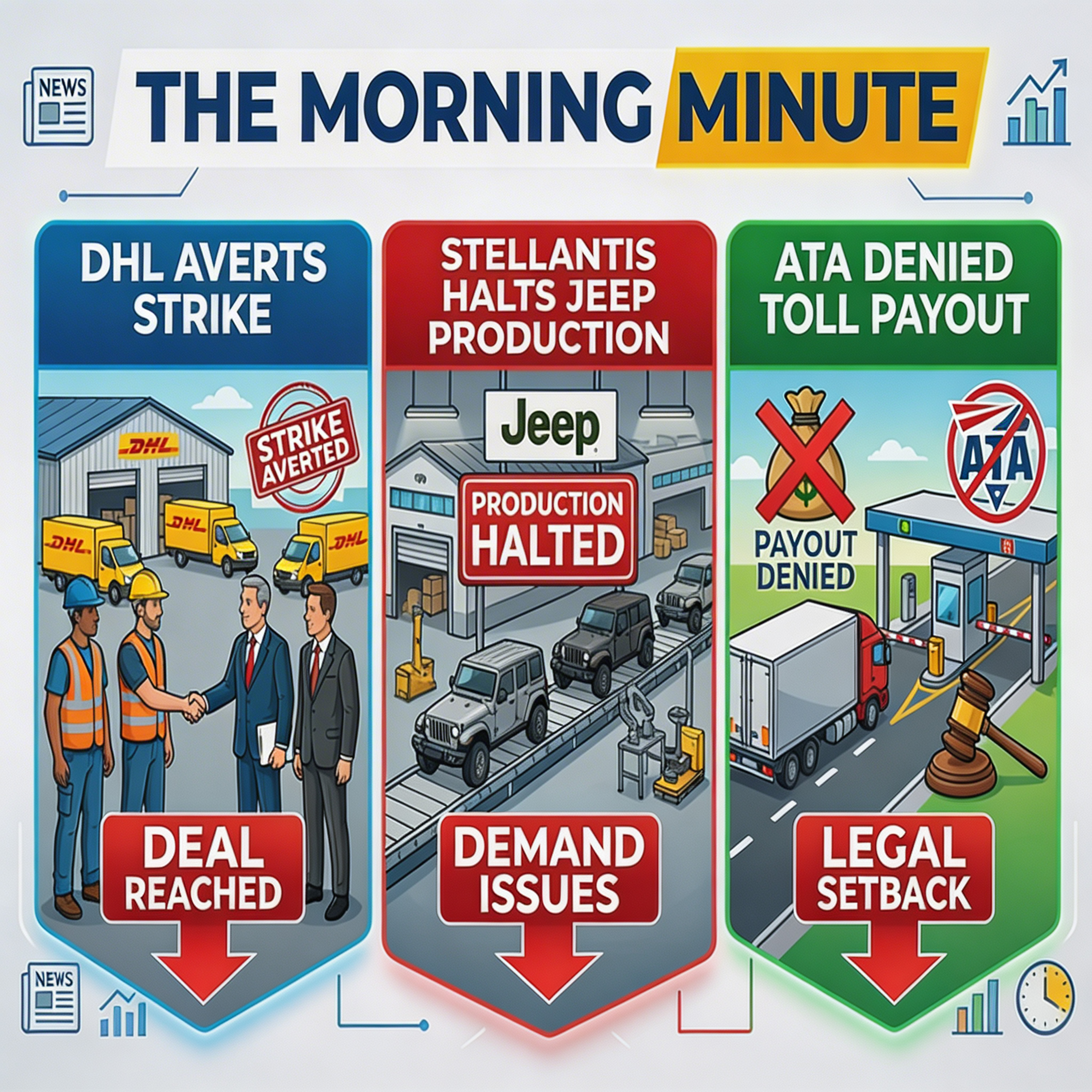 DHL Averts Strike, Stellantis Halts Jeep Production, & ATA Denied Toll Payout | The Morning Minute