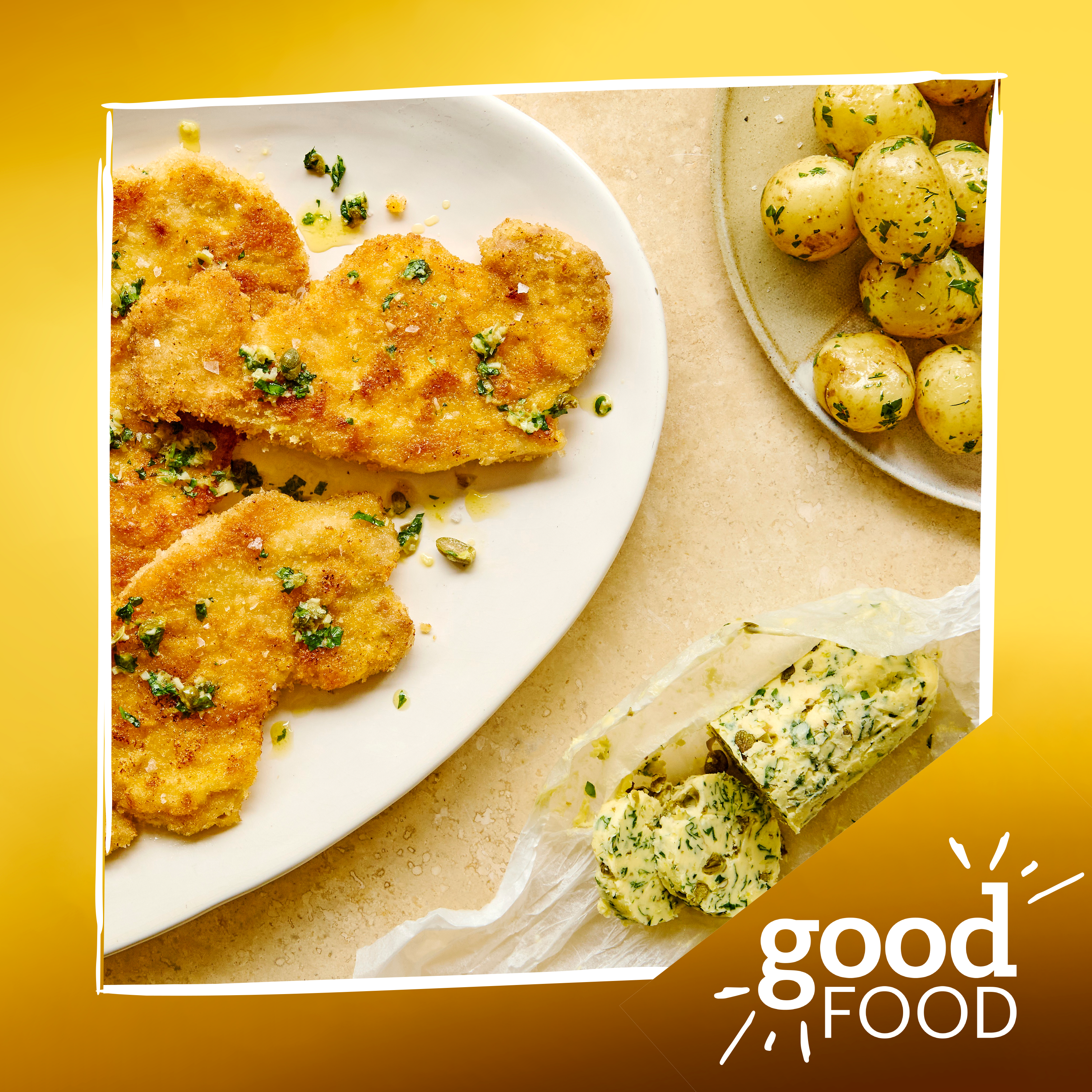 Pork schnitzel with lemon caper butter