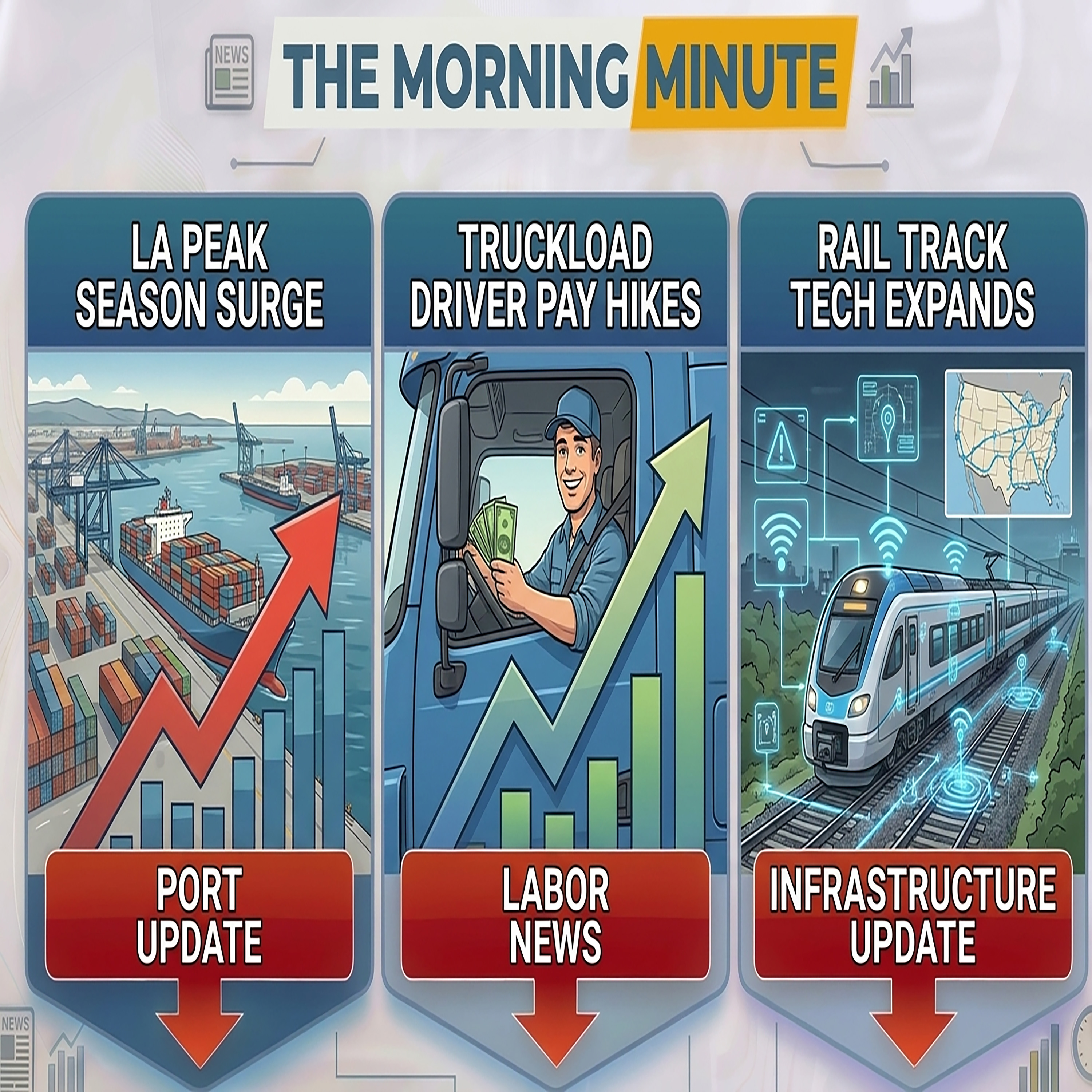 LA Peak Season Surge, Truckload Driver Pay Hikes, & Rail Track Tech Expands | The Morning Minute episode artwork