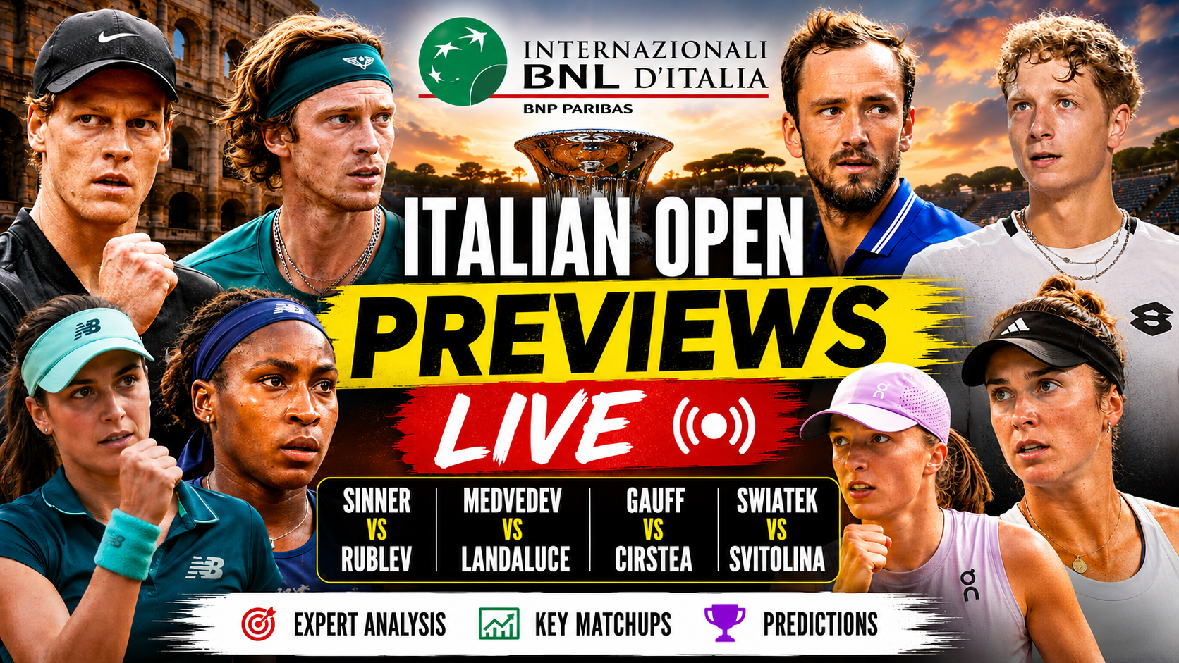 Italian Open Previews: Women's French Open mix a chaos - and we love it! Plus Sinner - Rublev | Medvedev - Landaluce | Gauff - Cirstea | Swiatek - Svitolina | Ruud - Darderi episode artwork