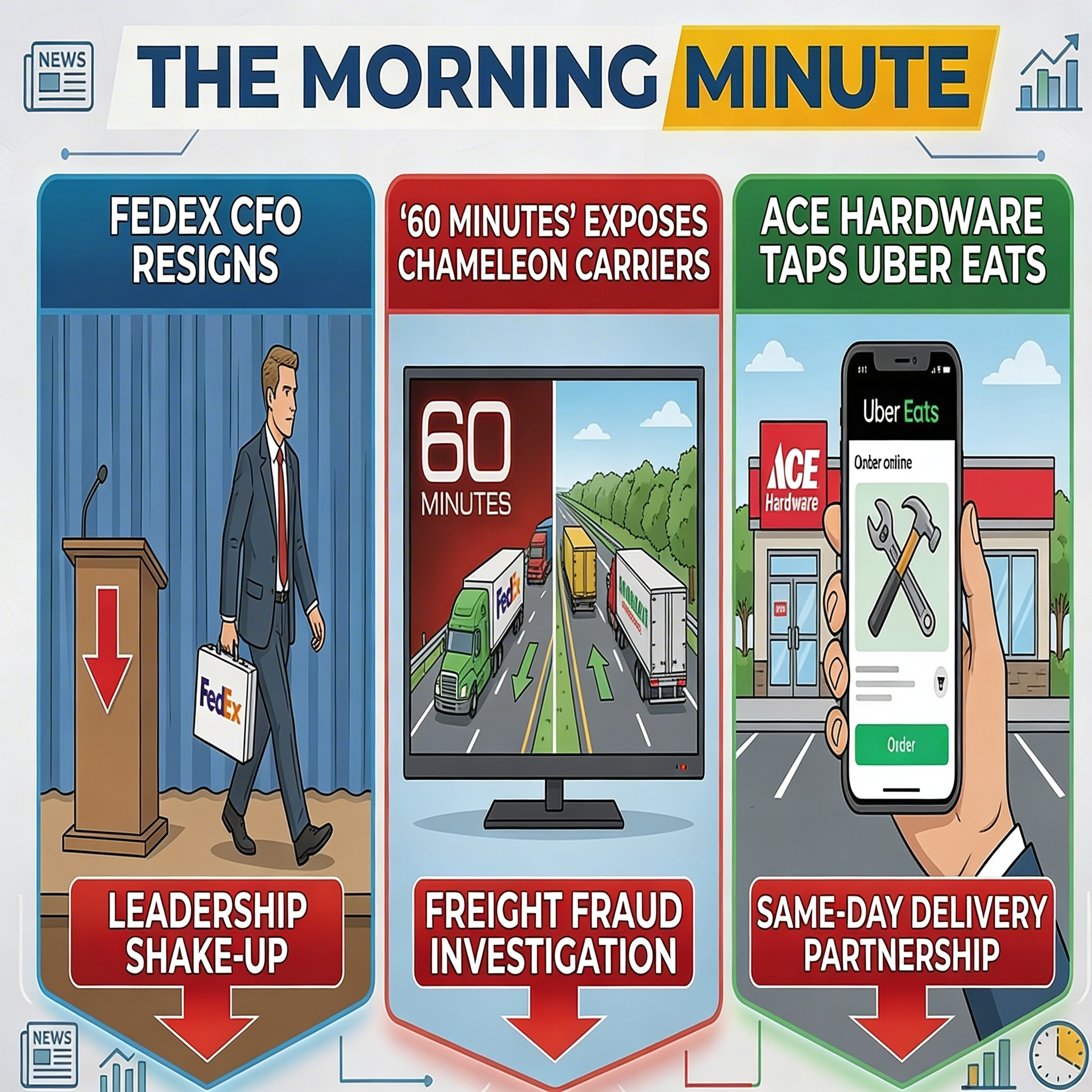 FedEx CFO Resigns, '60 Minutes' Exposes Chameleon Carriers, & Ace Hardware Taps Uber Eats | The Morning Minute episode artwork