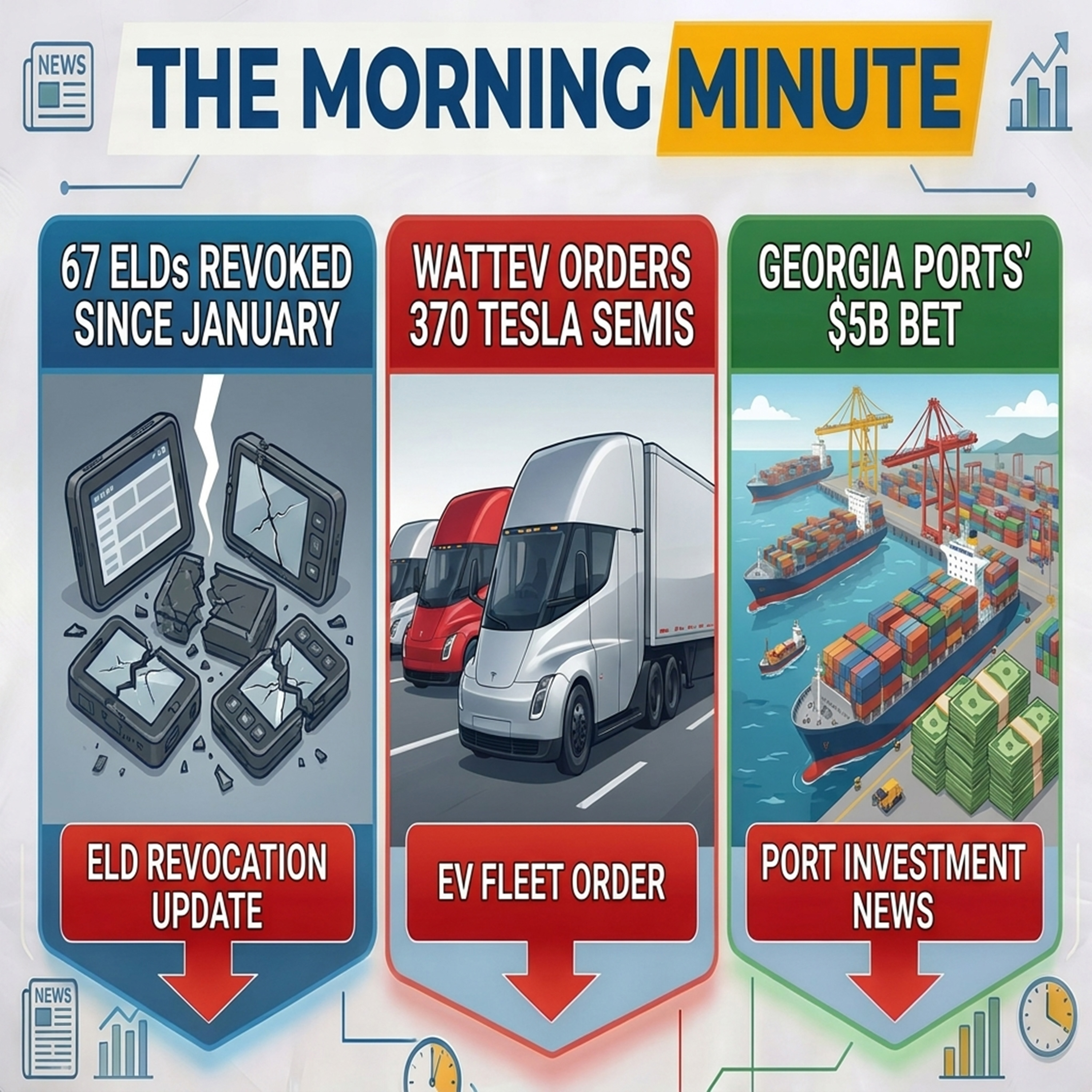 67 ELDs Revoked Since January, WattEV Orders 370 Tesla Semis, & Georgia Ports' $5B Bet | The Morning Minute
