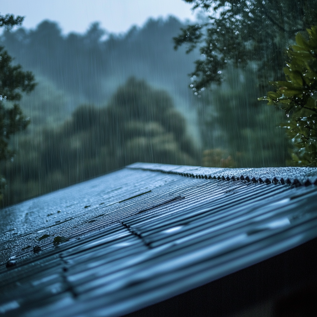 Ambience - Steady medium strength rainfall onto metal roof