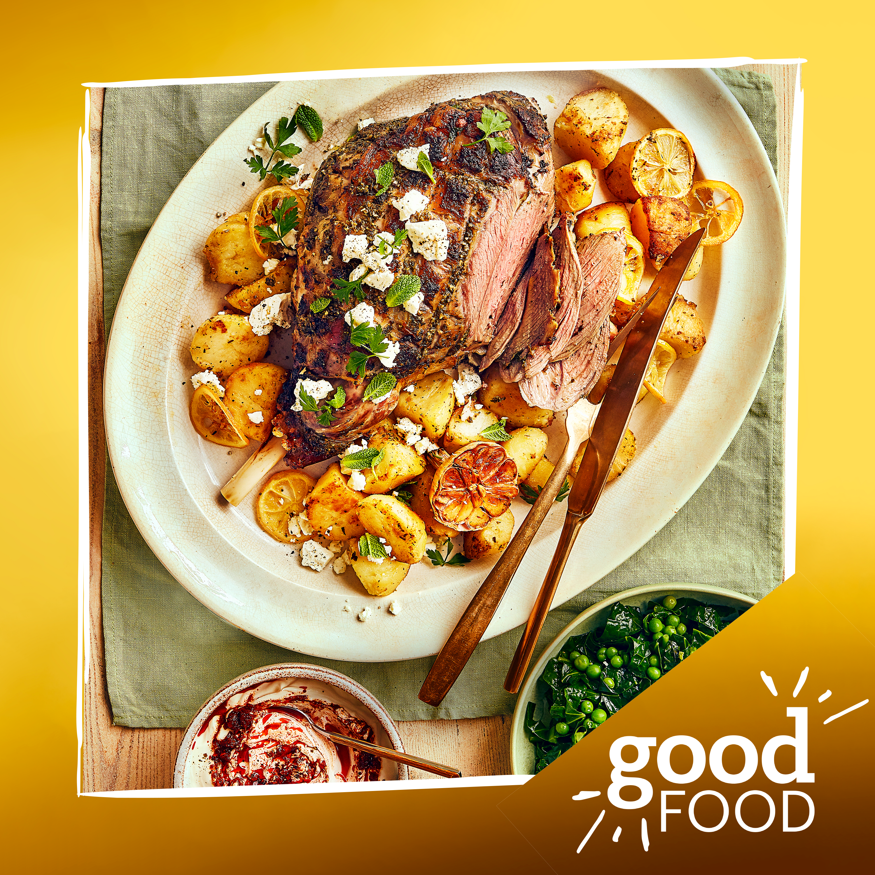 One-pan herby roast lamb with lemon, potatoes & feta