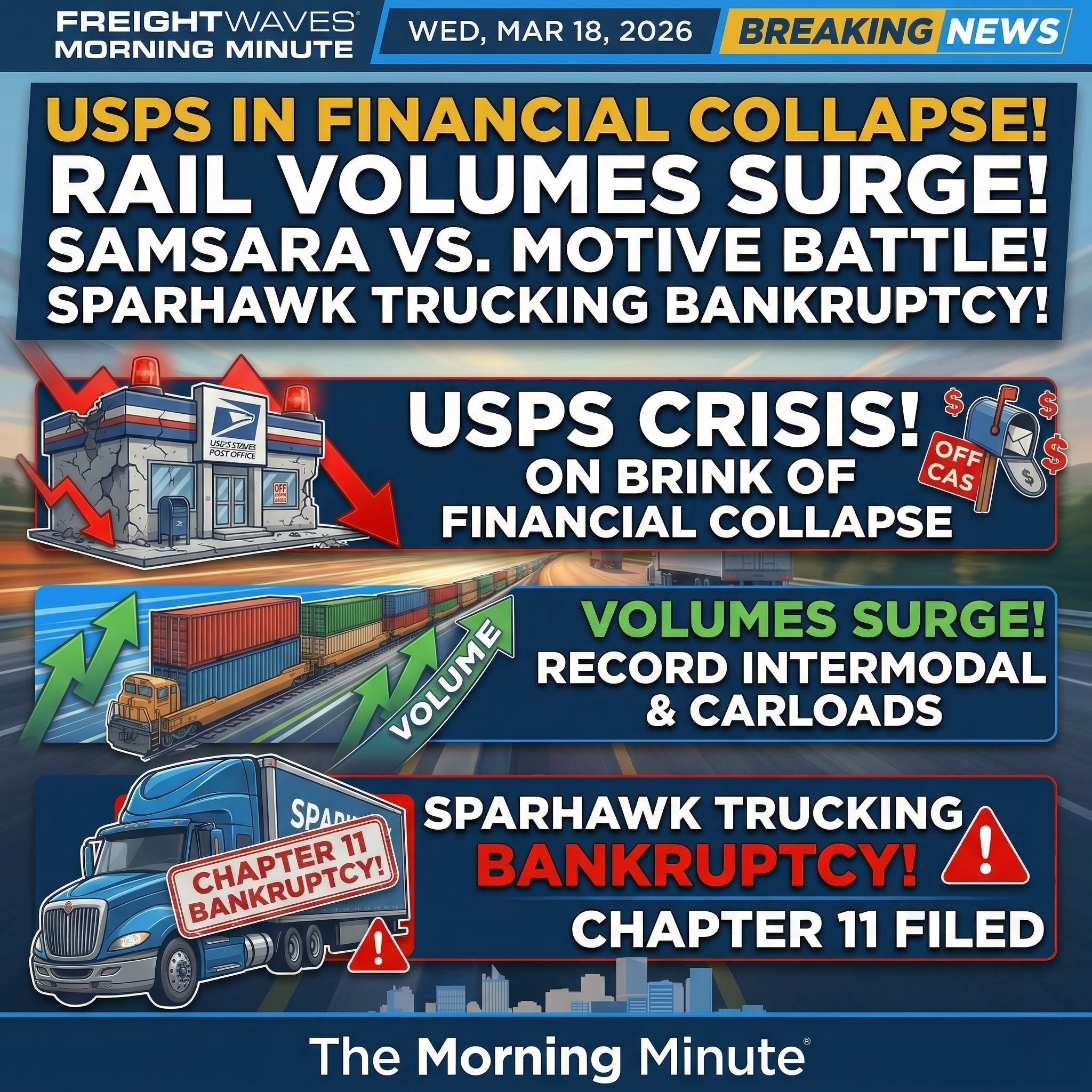 USPS Warns of Financial Collapse, Rail Volumes Surge, and Sparhawk Trucking Files Chapter 11 | The Morning Minute episode artwork