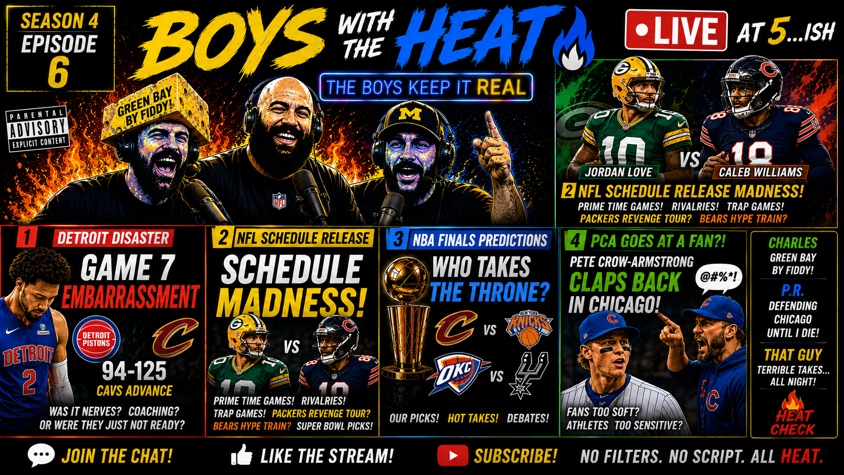Pistons HUMILIATED in Game 7, Packers 2026 Schedule Predictions, PCA Heckler MELTDOWN & NBA Finals Picks | Boys With The Heat Podcast episode artwork