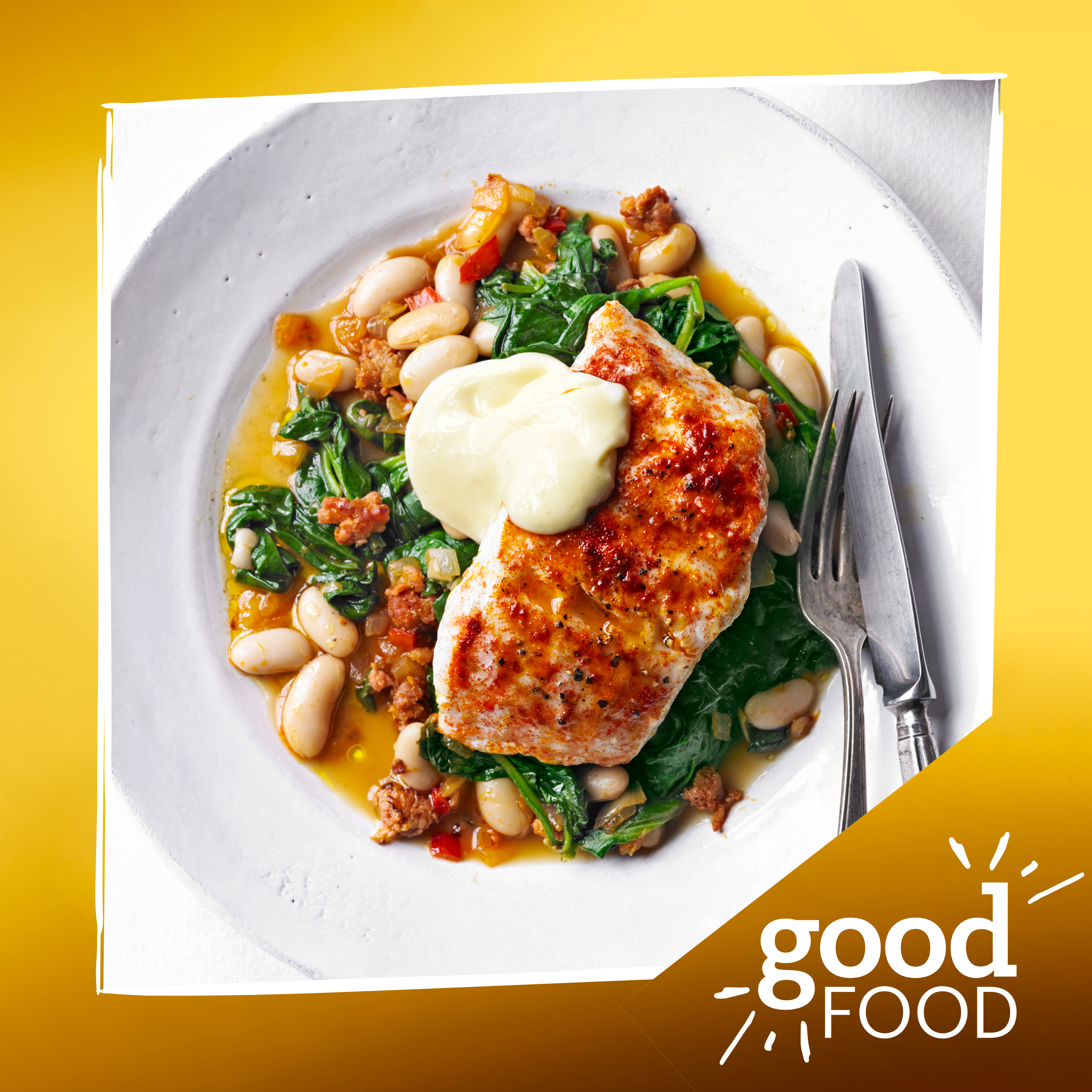Smoky hake, beans & greens