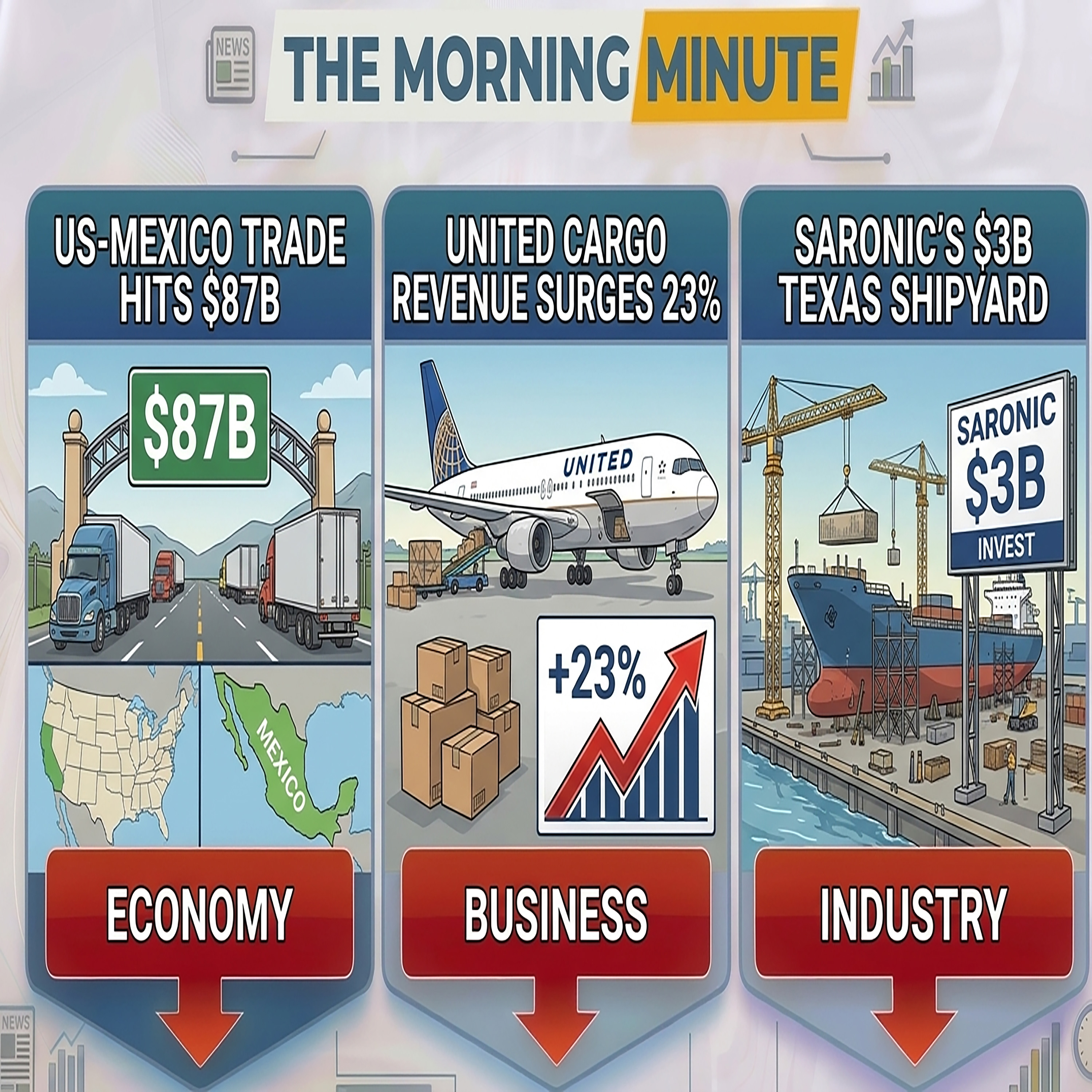US-Mexico Trade Hits $87B, United Cargo Revenue Surges 23%, & Saronic's $3B Texas Shipyard | The Morning Minute