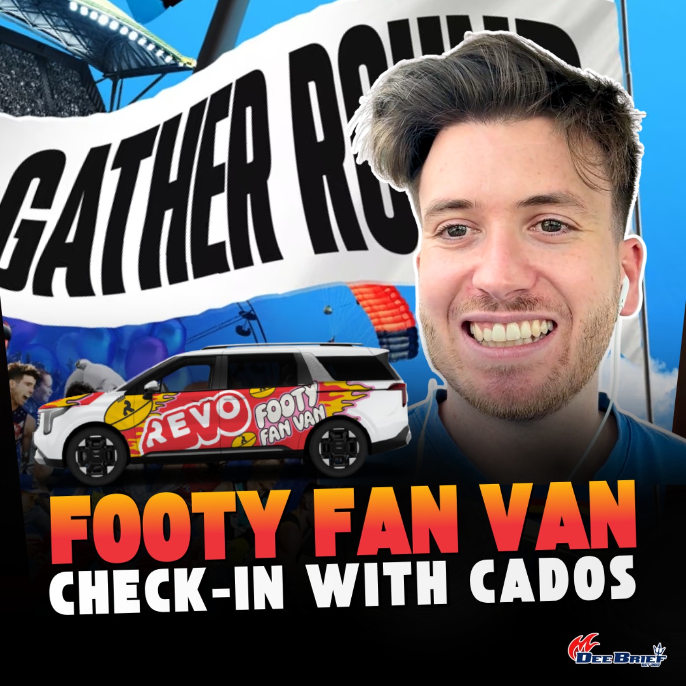 Cados MacDonald off to Gather Round in the Revo Footy Fan Van episode artwork