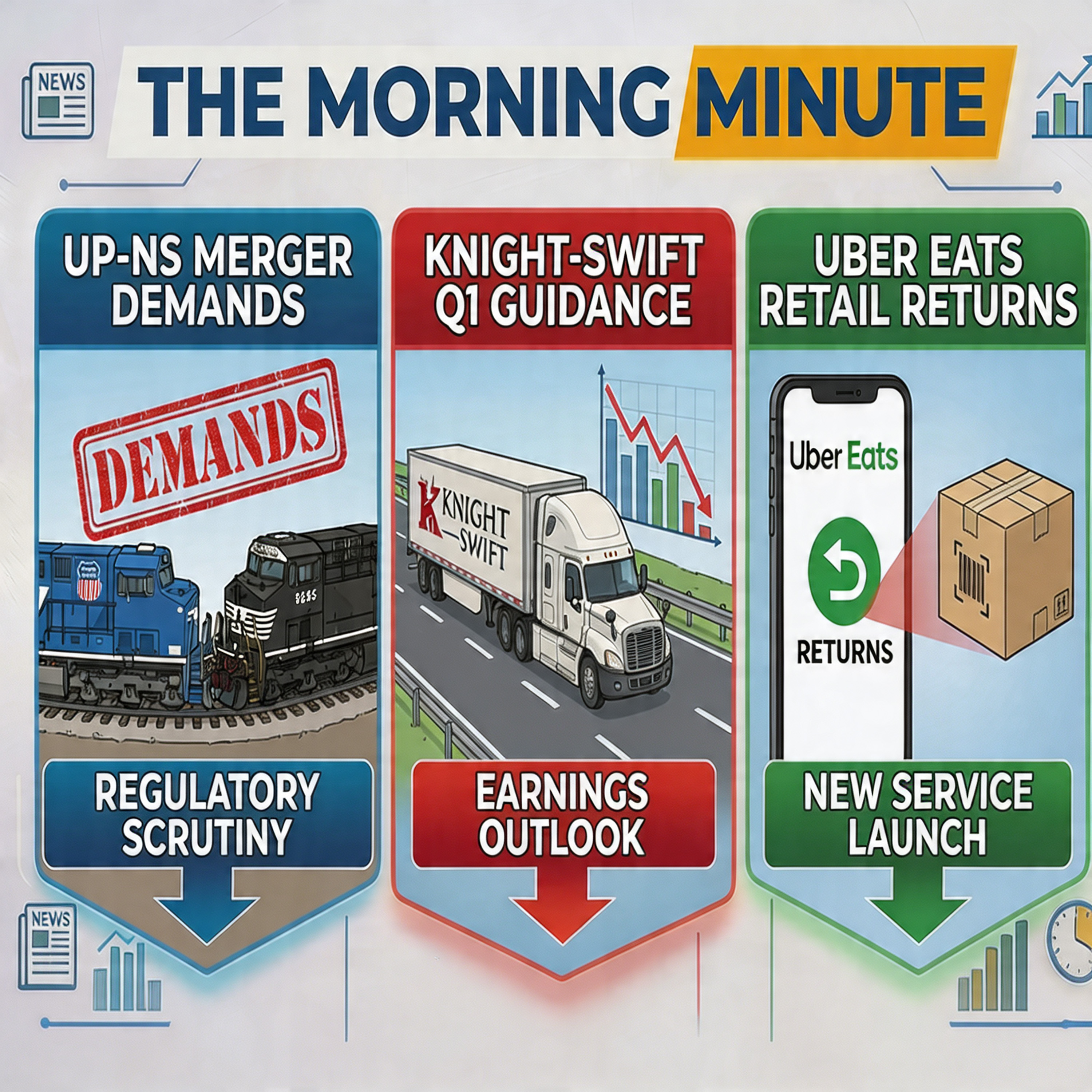 UP-NS Merger Demands, Knight-Swift Q1 Guidance, & Uber Eats Retail Returns | The Morning Minute