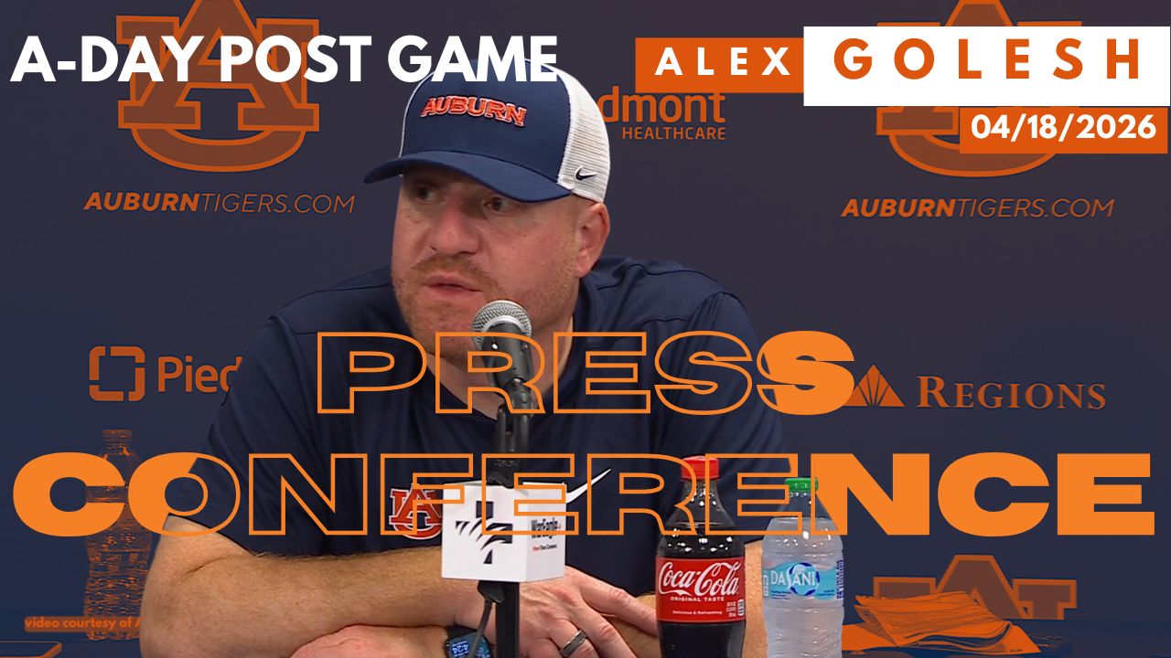 Alex Golesh talks with the media after A-Day 2026