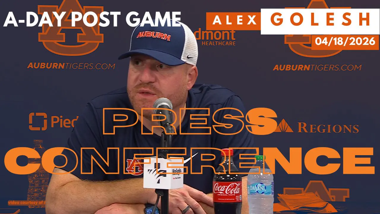 Alex Golesh talks with the media after A-Day 2026 episode artwork