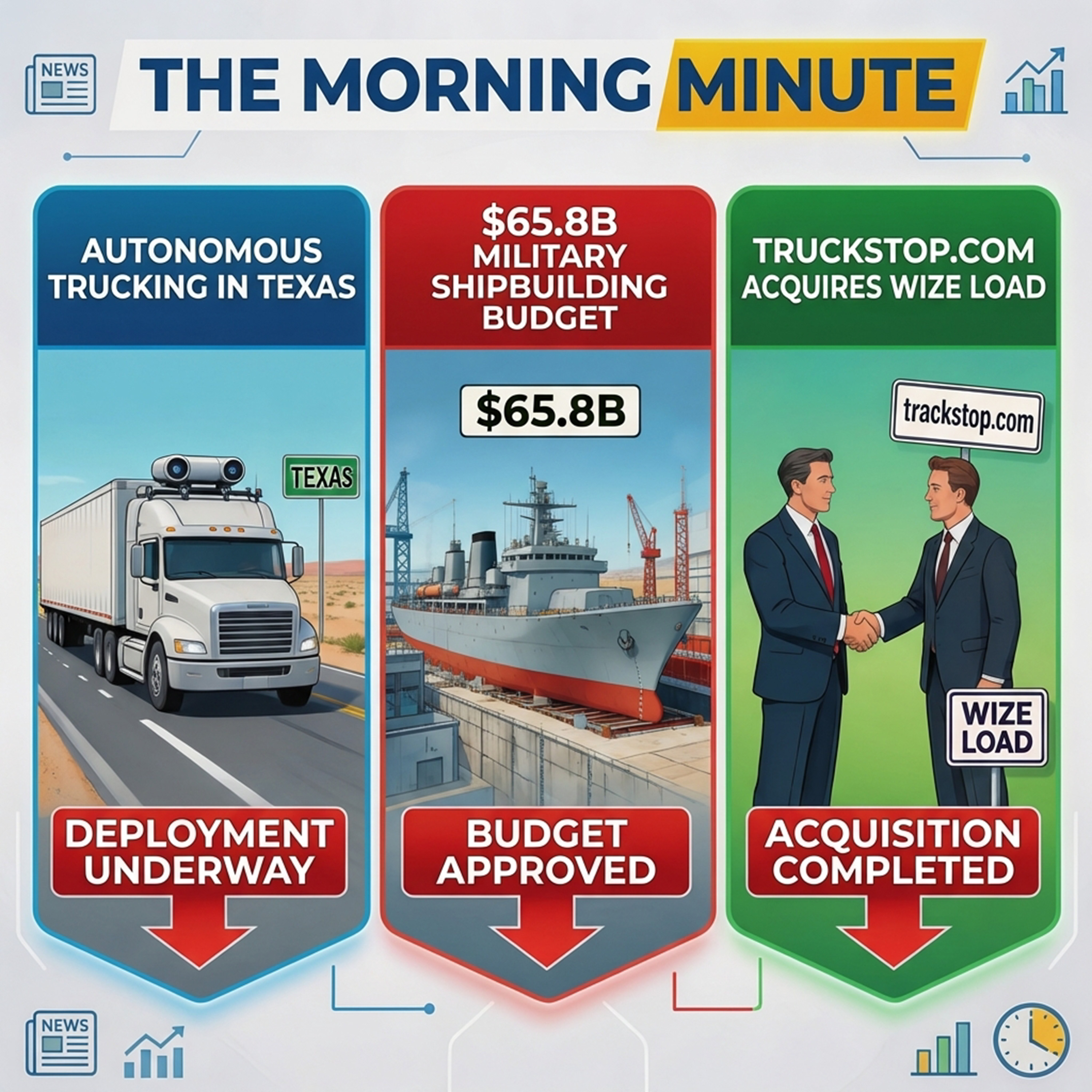 Autonomous Trucking in Texas, $65.8B Military Shipbuilding Budget, & Truckstop.com Acquires Wize Load | The Morning Minute