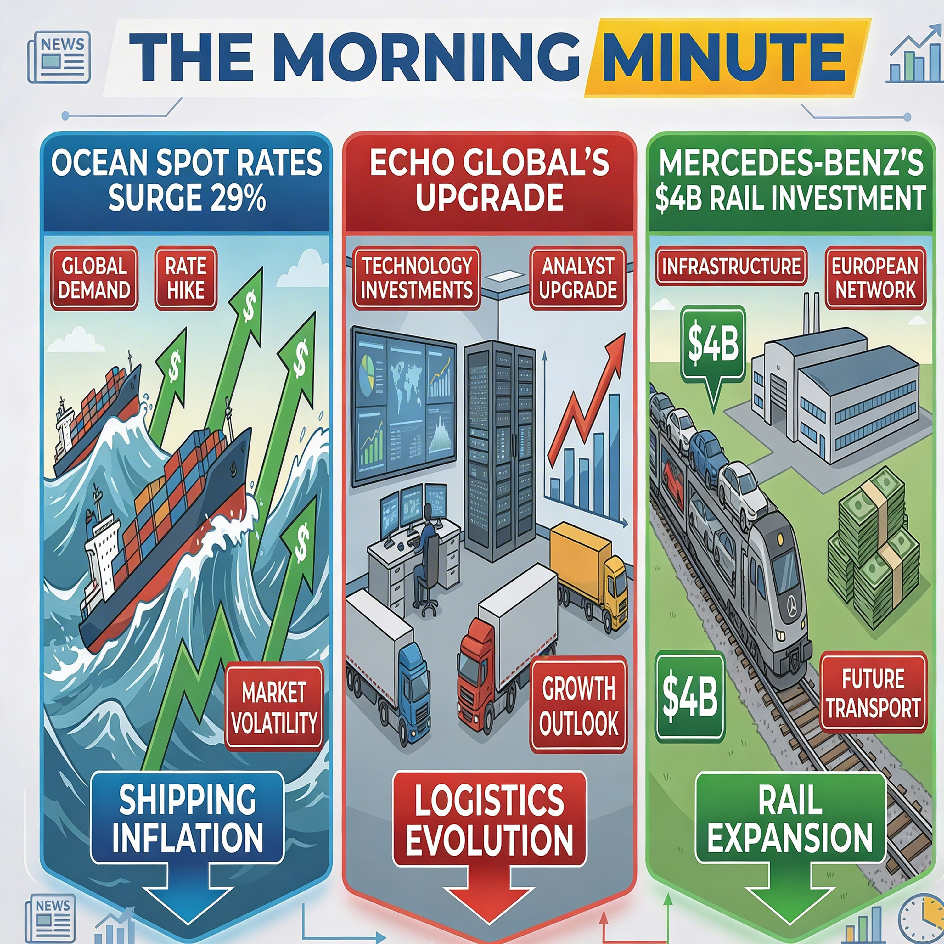 Ocean Spot Rates Surge 29%, Echo Global's Upgrade, and Mercedes-Benz's $4B Rail Investment | The Morning Minute episode artwork