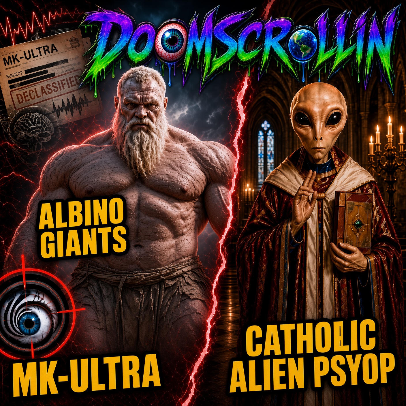 DoomScrollin #67: Albino Giants, Attack Squirrels, MK Ultra, The Shinning and Catholic Alien Psyops episode artwork