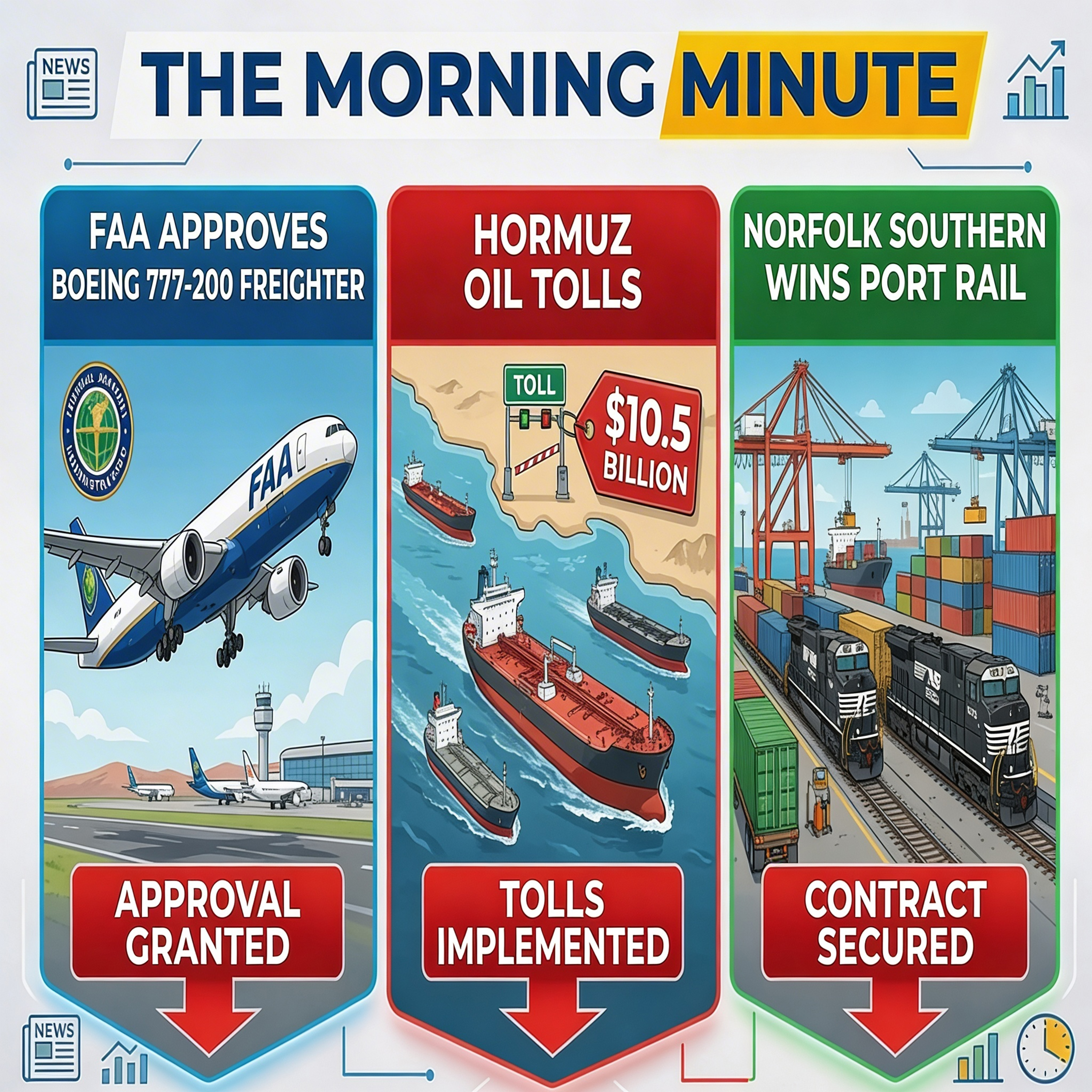 FAA Approves Boeing 777-200 Freighter, Hormuz Oil Tolls, & Norfolk Southern Wins Port Rail | The Morning Minute episode artwork