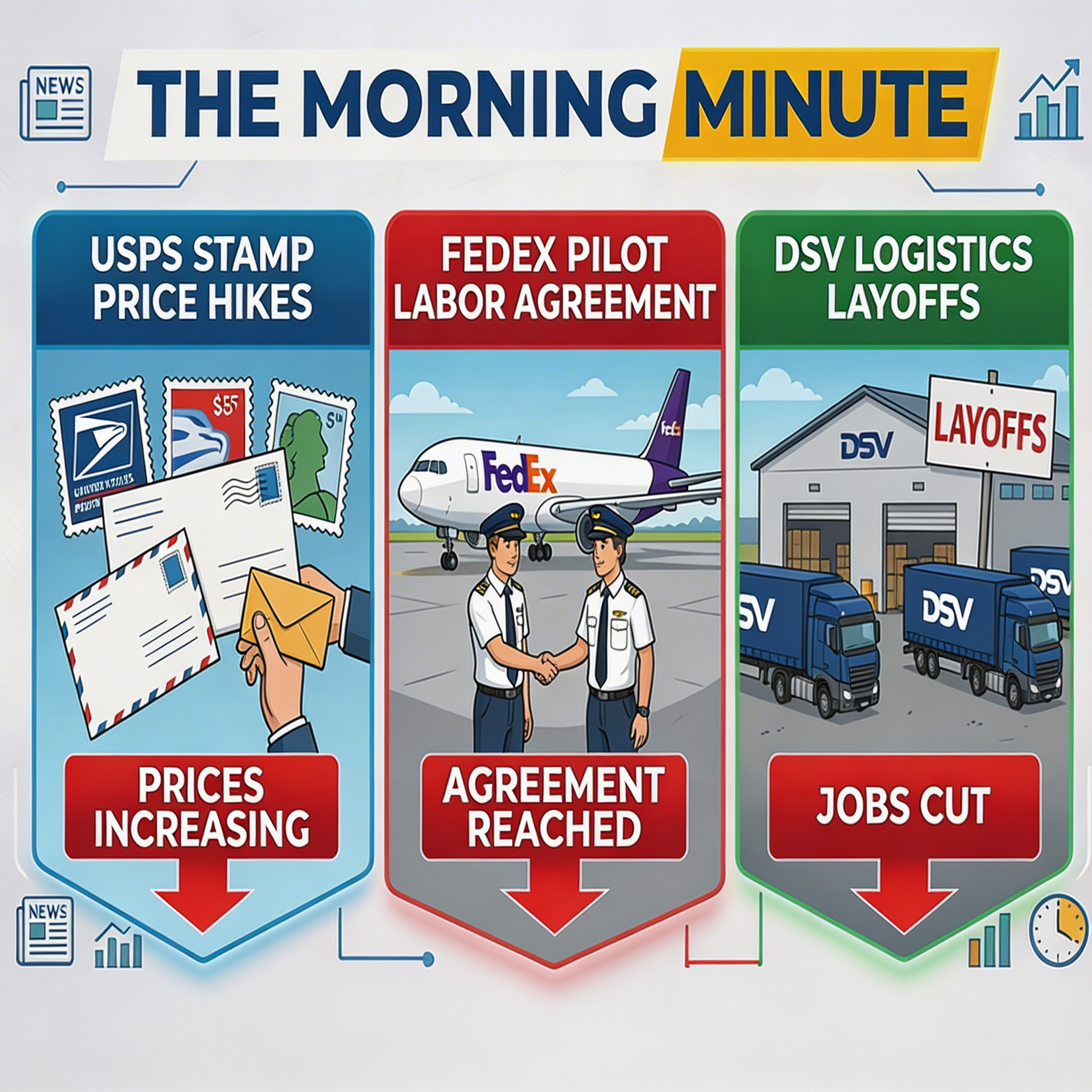 USPS Stamp Price Hikes, FedEx Pilot Labor Agreement, and DSV Logistics Layoffs | The Morning Minute episode artwork