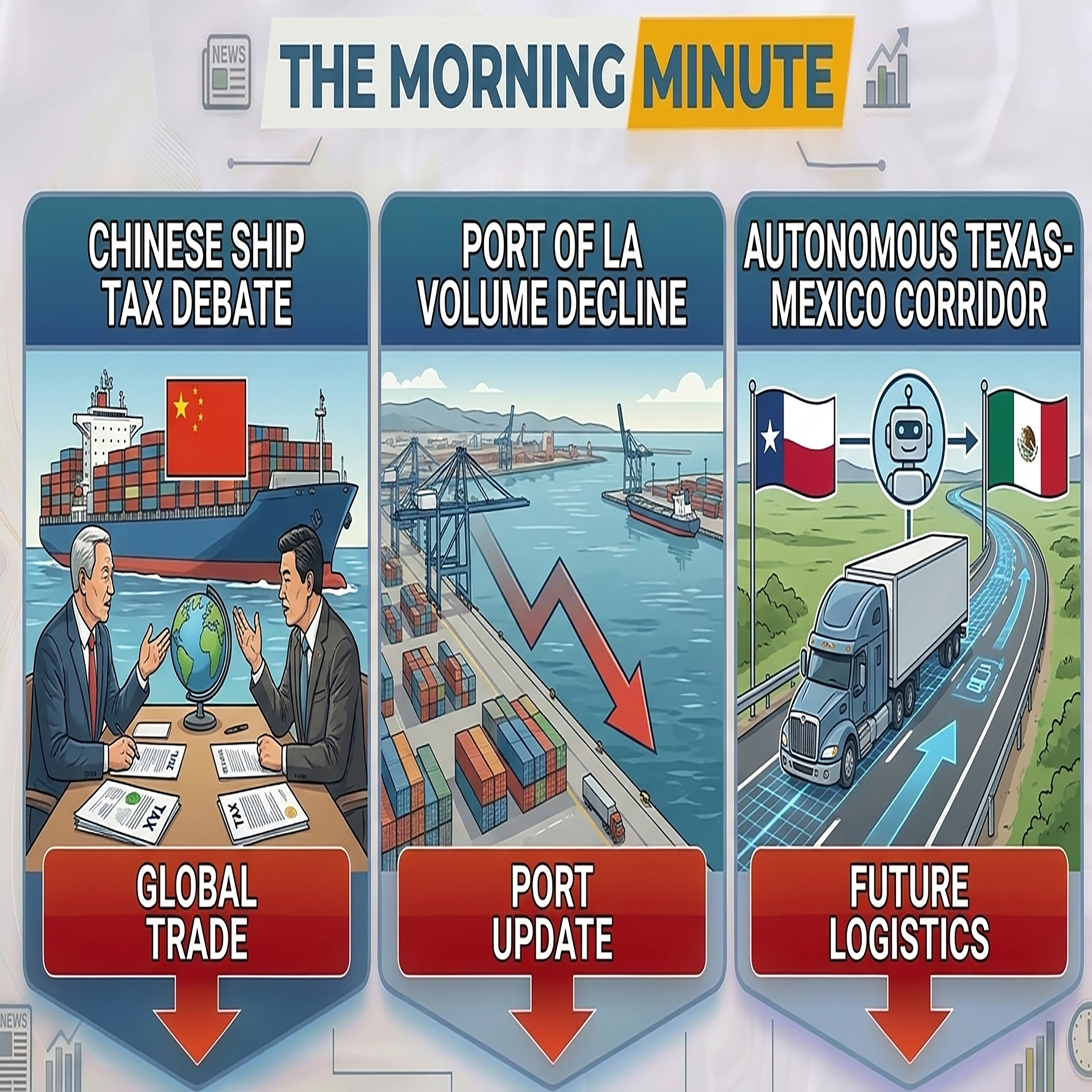 Chinese Ship Tax Debate, Port of LA Volume Decline, & Autonomous Texas-Mexico Corridor | The Morning Minute episode artwork