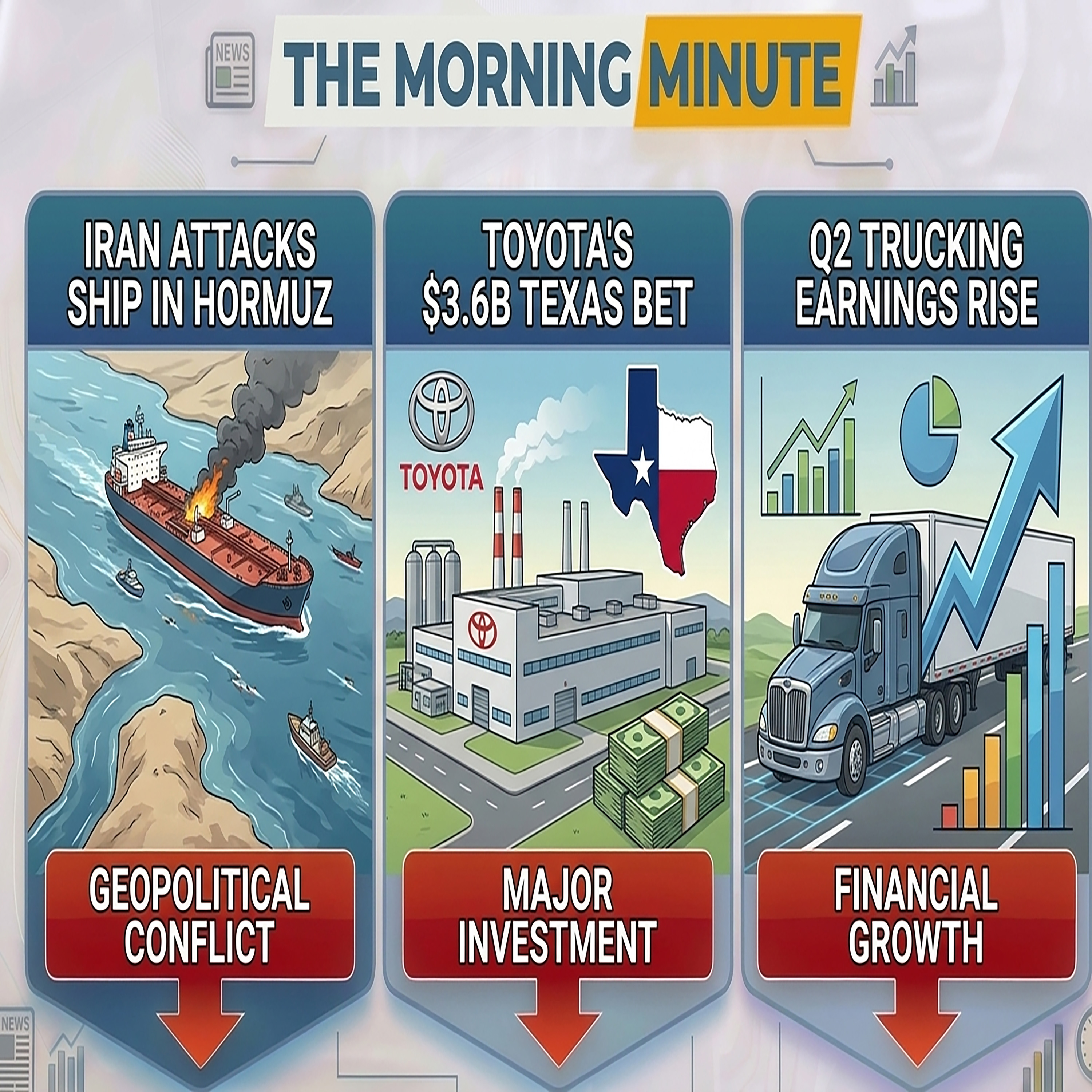 Iran Attacks Ship in Hormuz, Toyota's $3.6B Texas Bet, & Q2 Trucking Earnings Rise | The Morning Minute