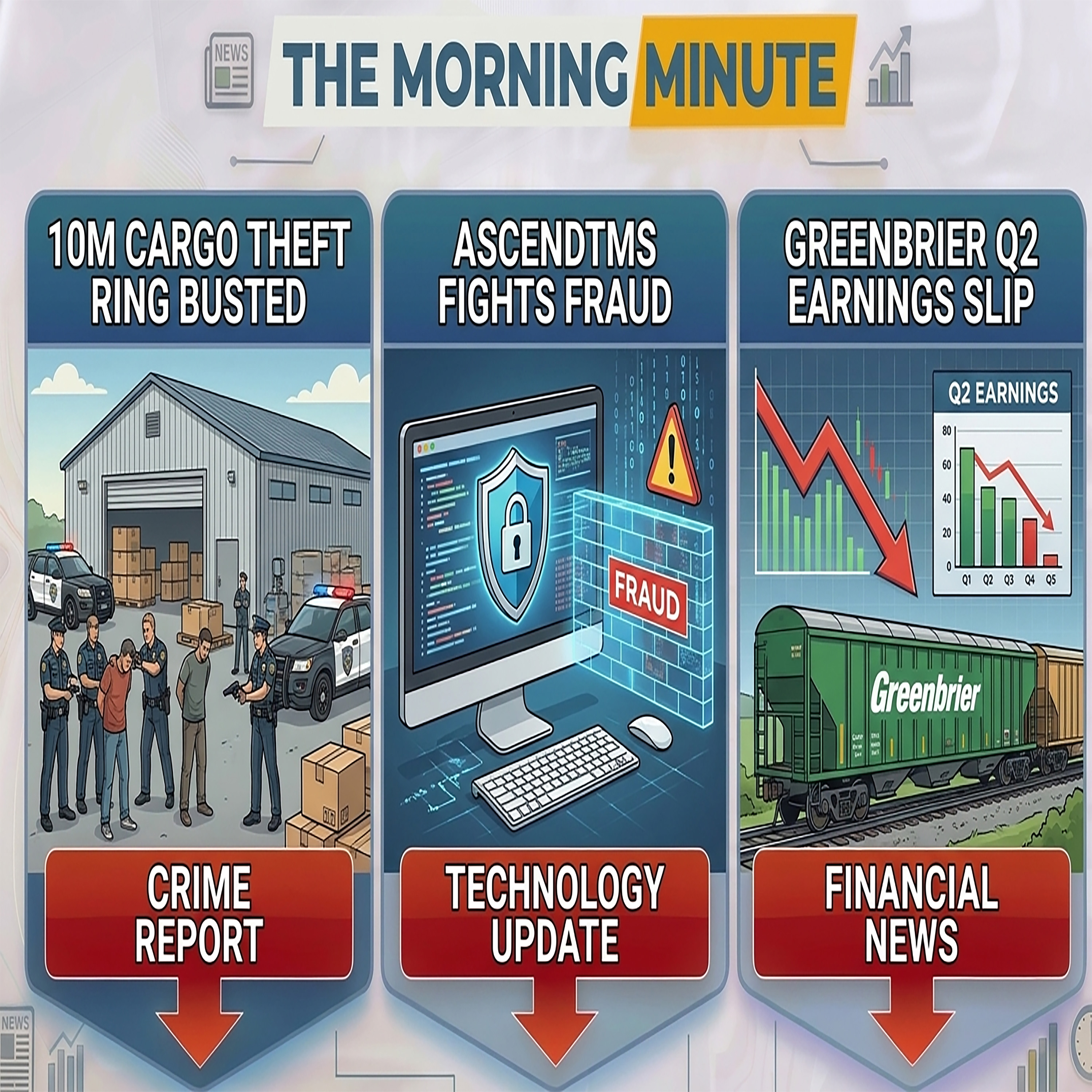 $10M Cargo Theft Ring Busted, AscendTMS Fights Fraud, & Greenbrier Q2 Earnings Slip | The Morning Minute episode artwork