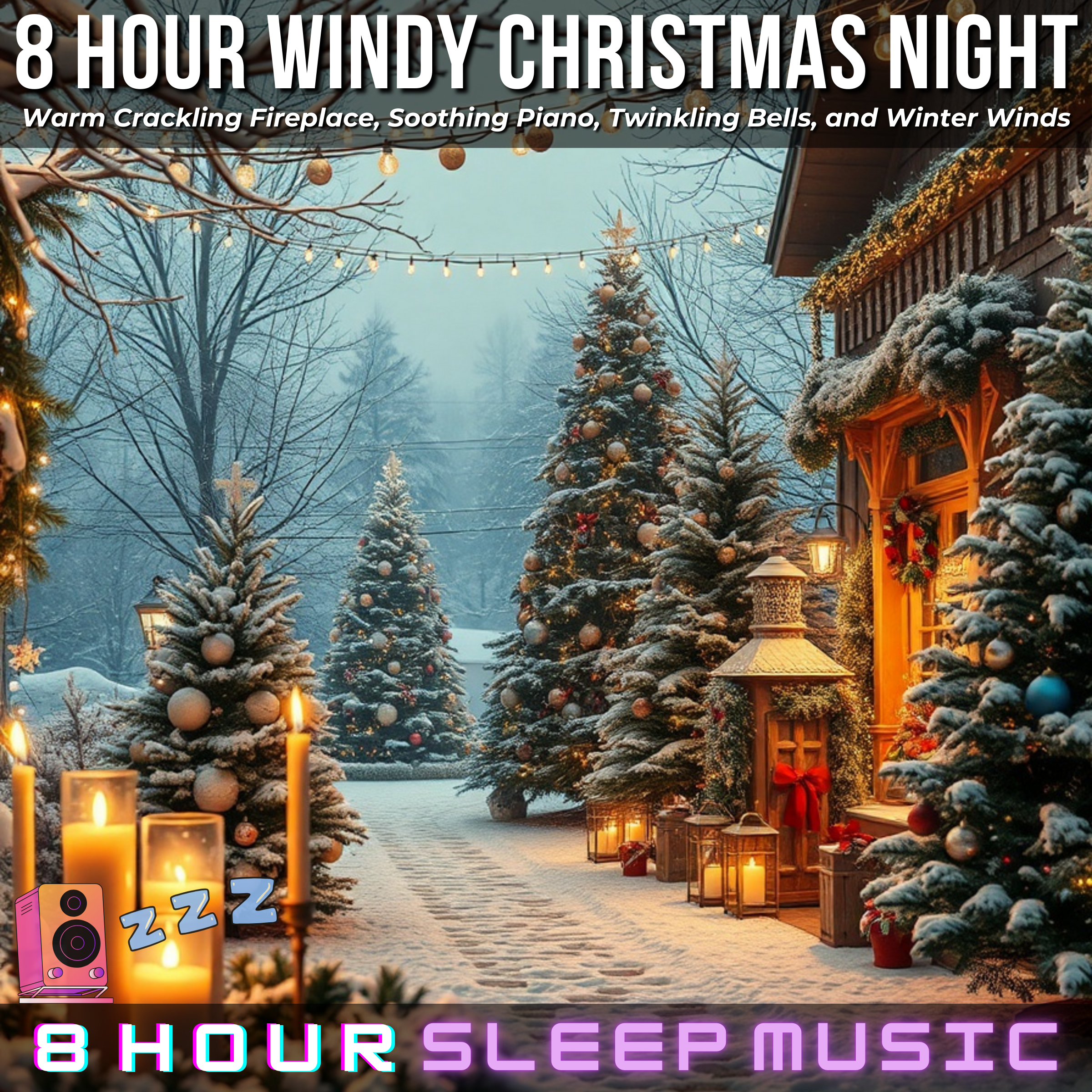🎄 8 Hour Windy Christmas Night | Warm Crackling Fireplace, Soothing Piano, Twinkling Bells, and Winter Winds for Holiday Sleep ☃️