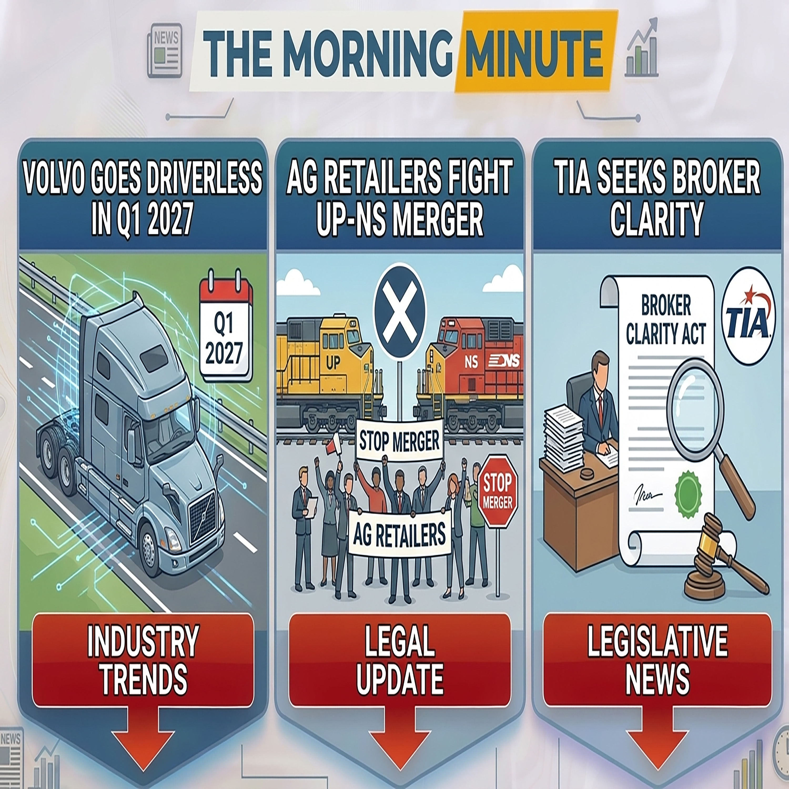Volvo Goes Driverless in Q1 2027, Ag Retailers Fight UP-NS Merger, & TIA Seeks Broker Clarity | The Morning Minute episode artwork