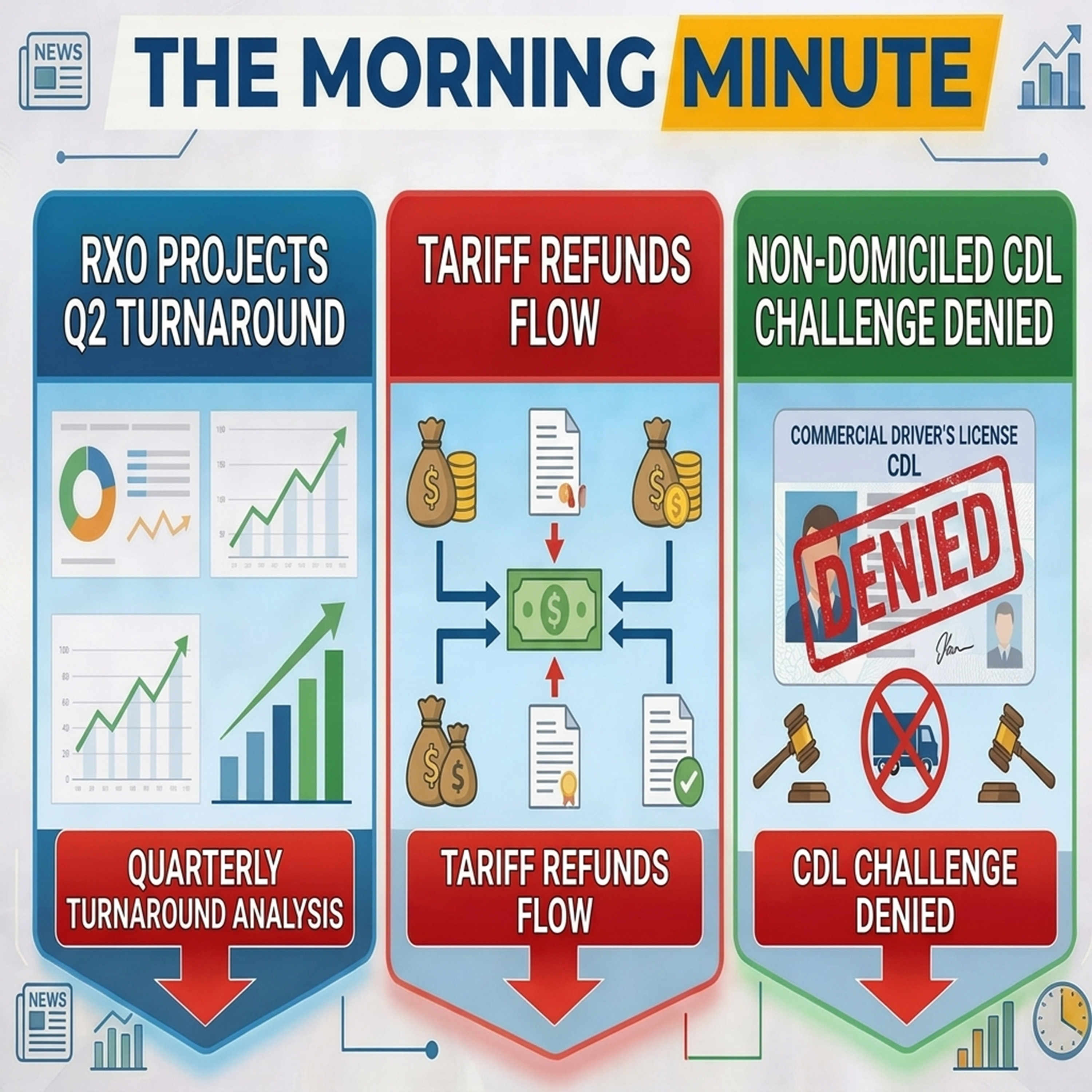 RXO Projects Q2 Turnaround, Tariff Refunds Flow, & Non-Domiciled CDL Challenge Denied | The Morning Minute