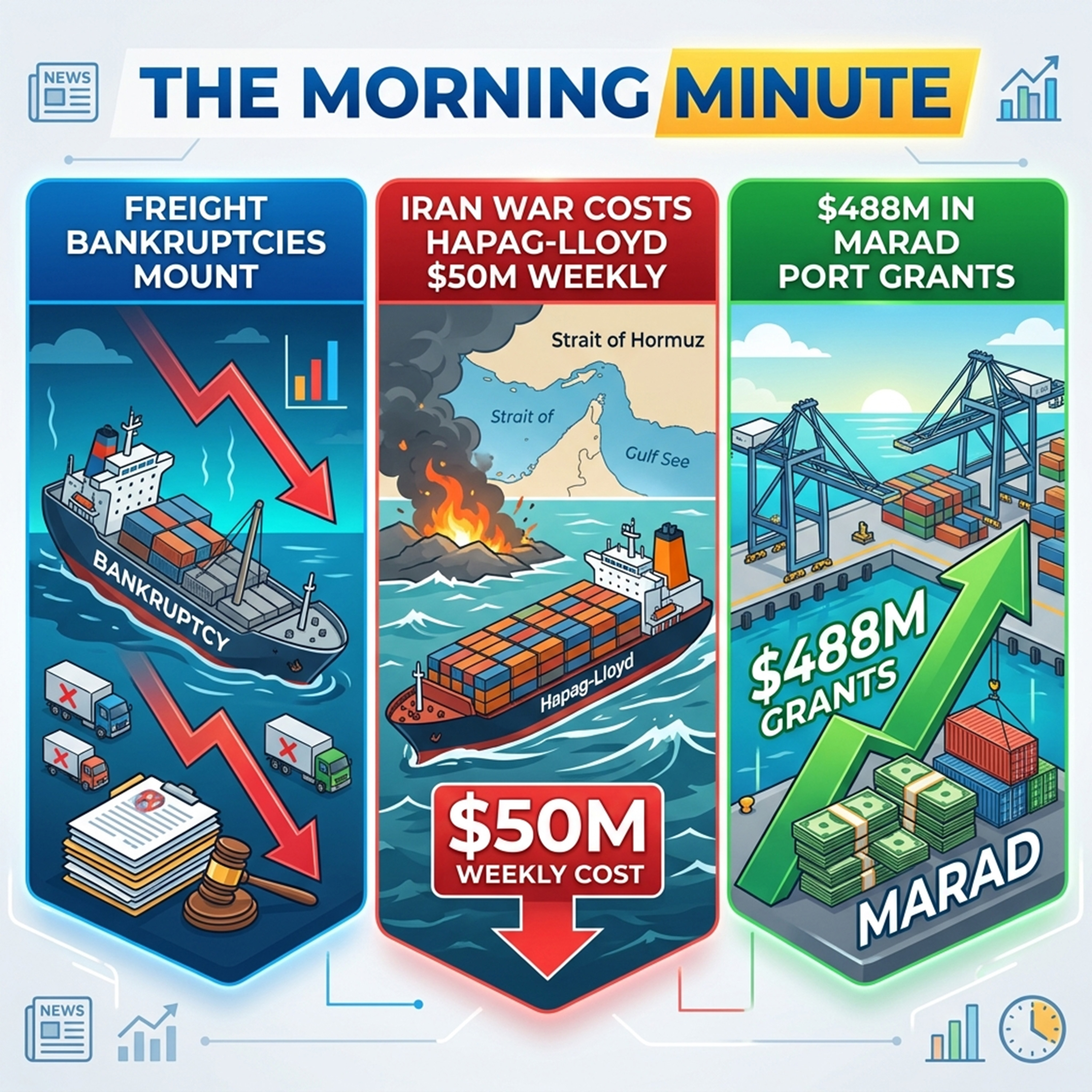 Freight Bankruptcies Mount, Iran War Costs Hapag-Lloyd $50M Weekly, and $488M in MARAD Port Grants | The Morning Minute episode artwork