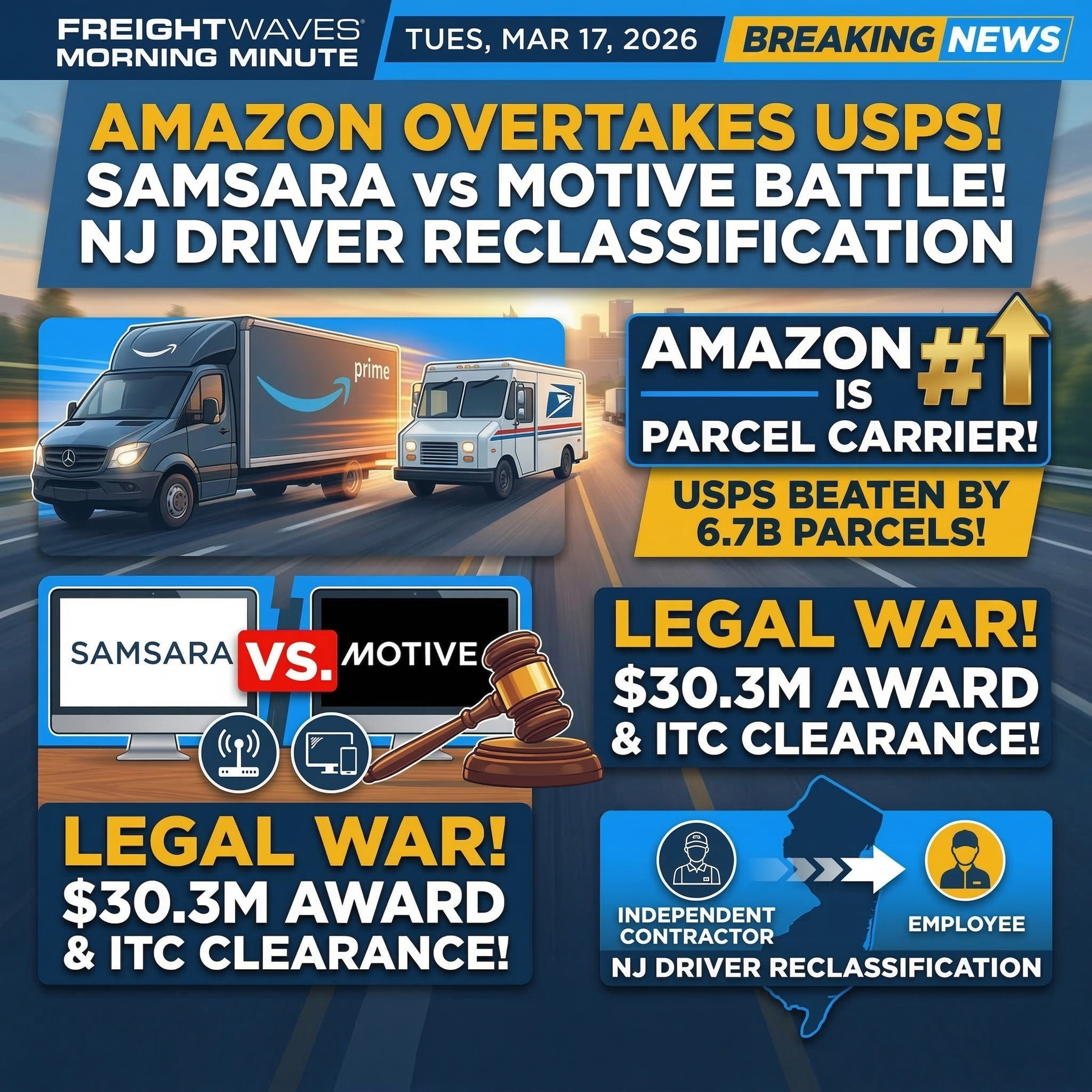 Amazon Overtakes USPS, Samsara vs. Motive Lawsuit, & NJ Driver Reclassification | The Morning Minute episode artwork