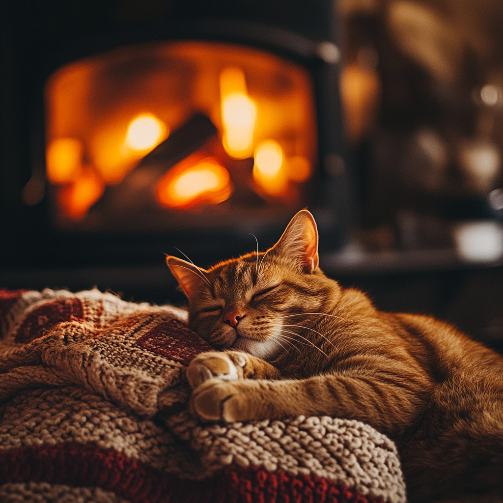 Fall asleep to the Purring of a Cat & Fireplace 🔥 Relax in Cozy Winter Hut, Fireplace sound